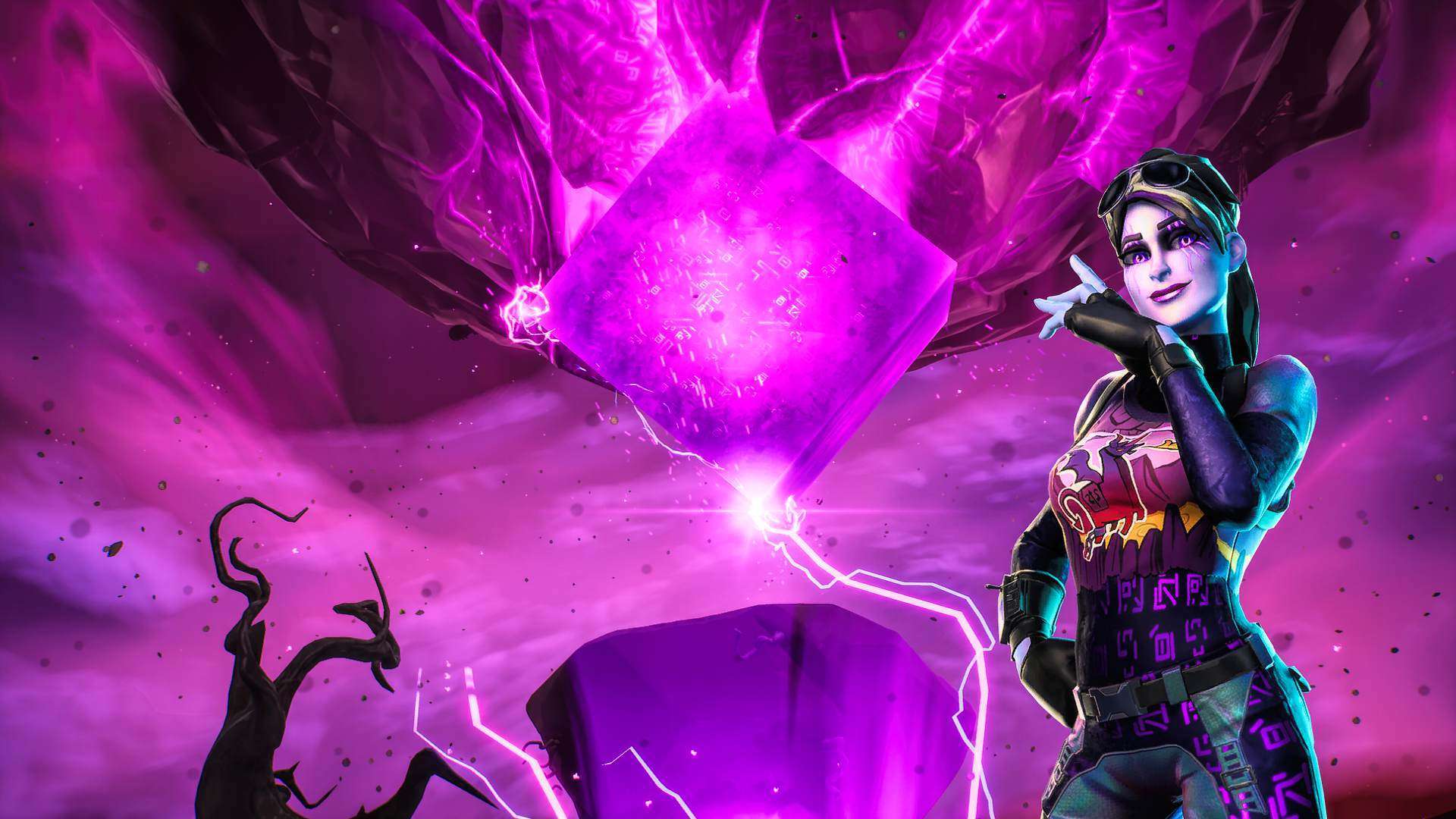 Finsterbomberin, Kevin the Cube, Fortnite, Würfel, Blitze, Lila, Full-HD-Hintergrundbild für PC