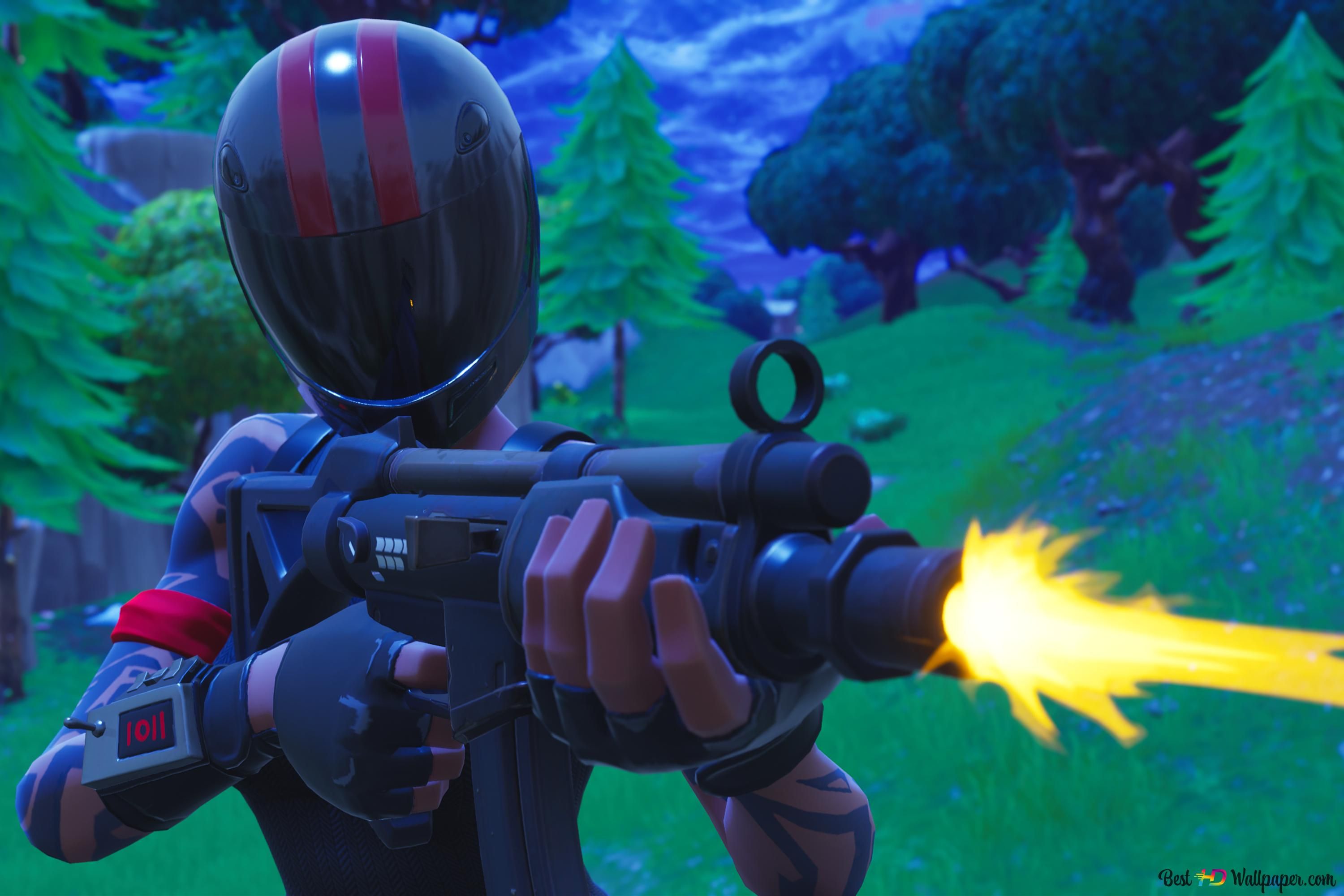 Fortnite, Skin, Waffe, Mündungsfeuer, Wald, 2K, Hintergrund für den Desktop