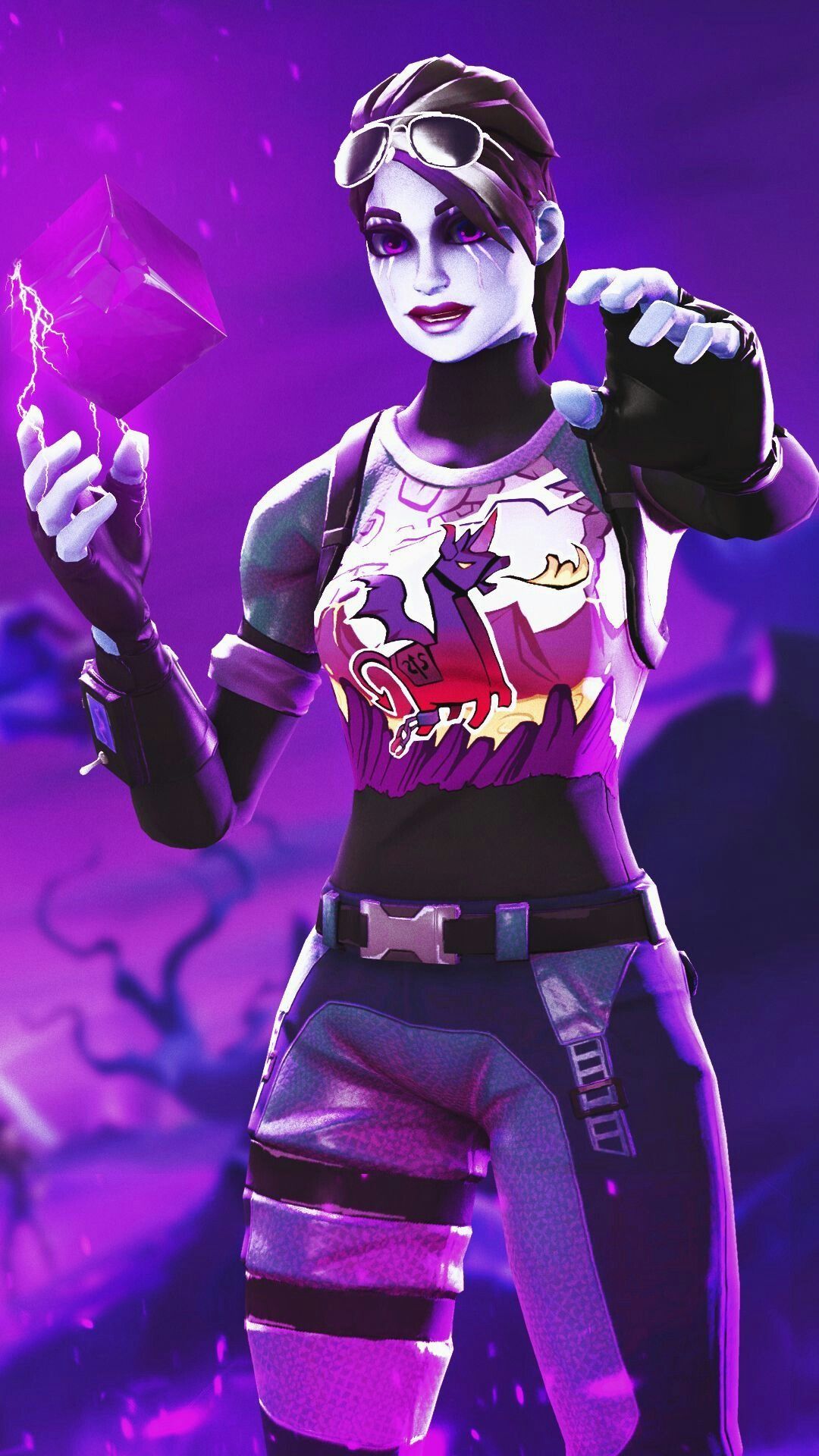 Finsterbomberin, Fortnite, Skin, Lila, Totenkopf-Shirt, Full HD, Hintergrundbild fürs Handy