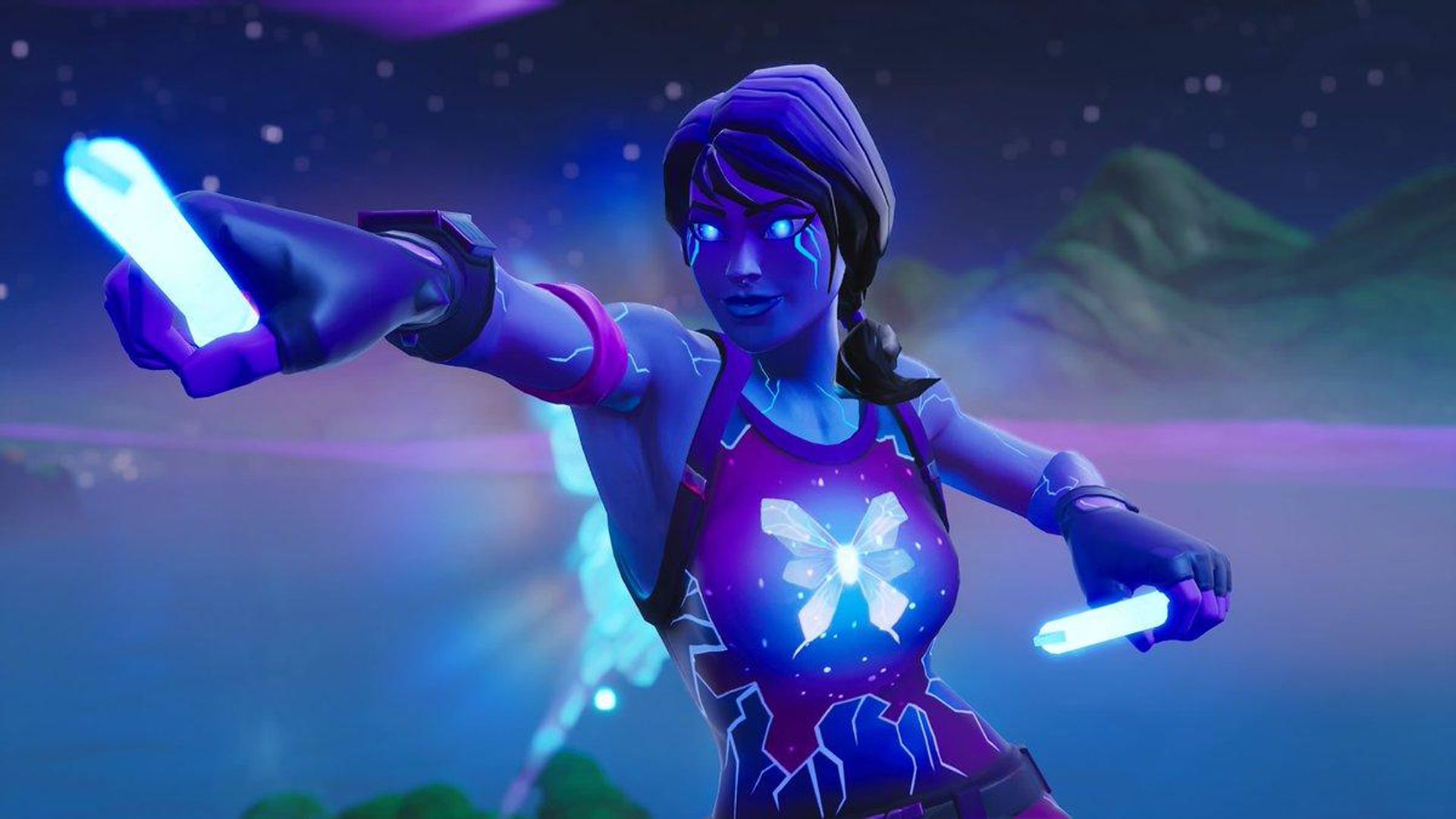 Fortnite, Skin, Leuchtstäbe, Schmetterling, Lila, Nacht, Full HD, Windows-Hintergrundbild