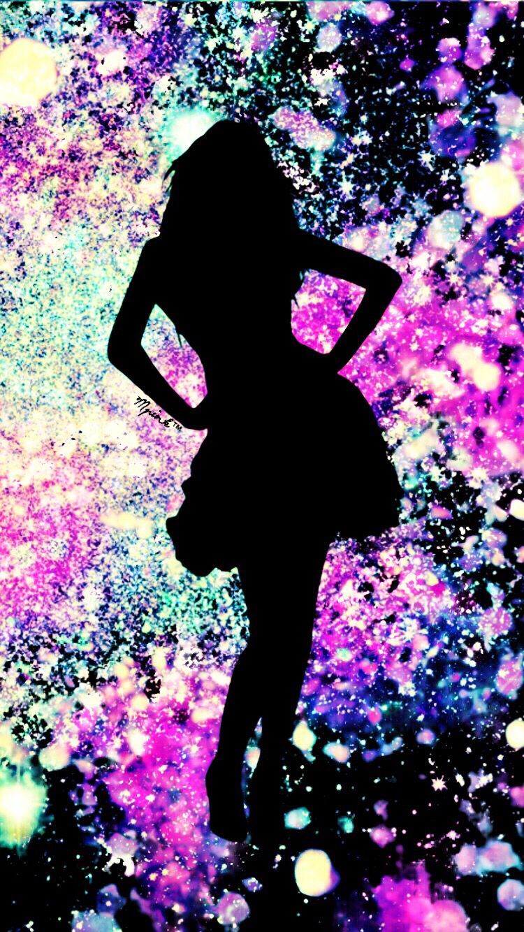 Silhouette, Mädchen, Galaxie-Hintergrund, Bunt, Kleid, HD, Sperrbildschirm fürs iPhone