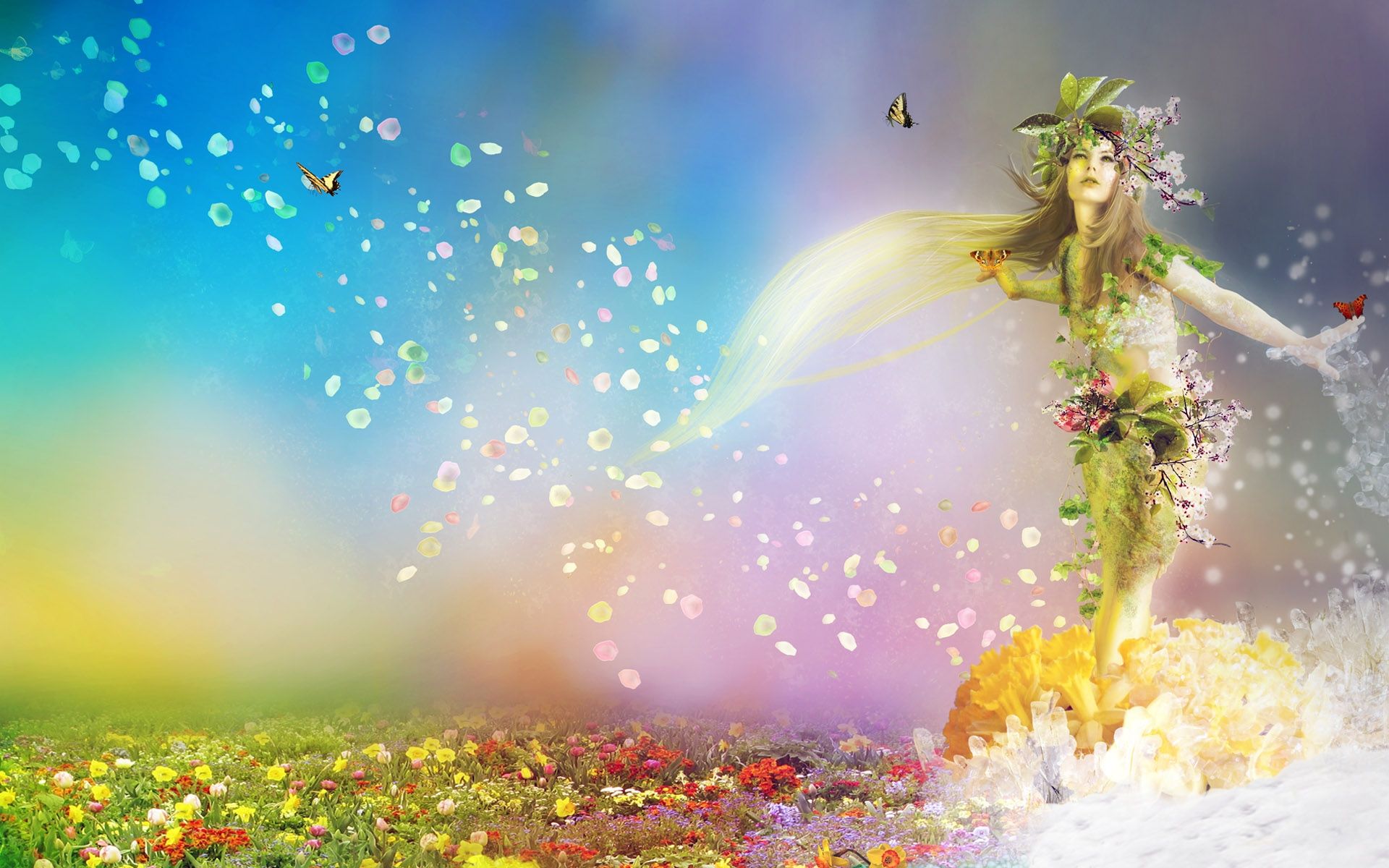 Frühlingsgöttin, Fantasie, Frau, Blütenblätter, Digitale Kunst, Regenbogenfarben, Full-HD-Hintergrundbild