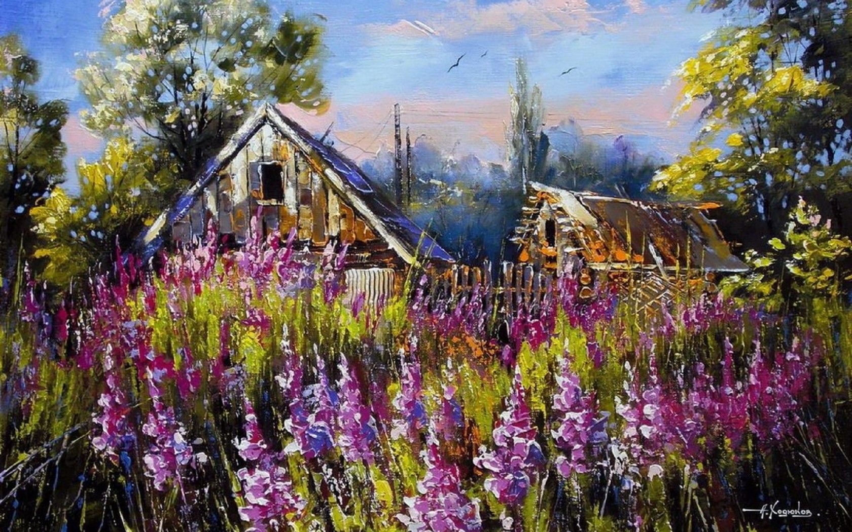 Gemälde, Holzhaus, Lupinen, Ölmalerei, Landleben, 16:10, HD-Hintergrundbild für den Desktop