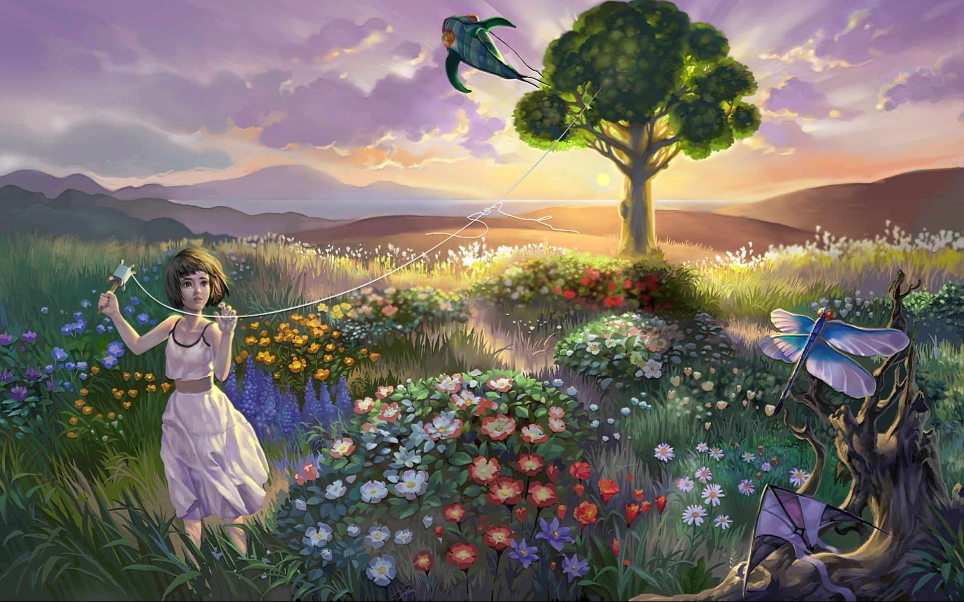 Fantasie, Mädchen, Baum, Kolibri, Digitale Kunst, Blumenhügel, Full-HD-Hintergrundbild für PC