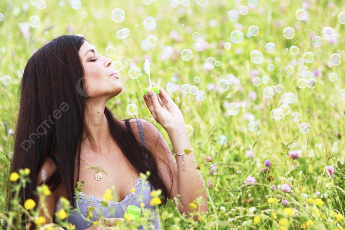 Frau, Seifenblasen, Wiese, Sommer, Lange Haare, Hintergrundbild
