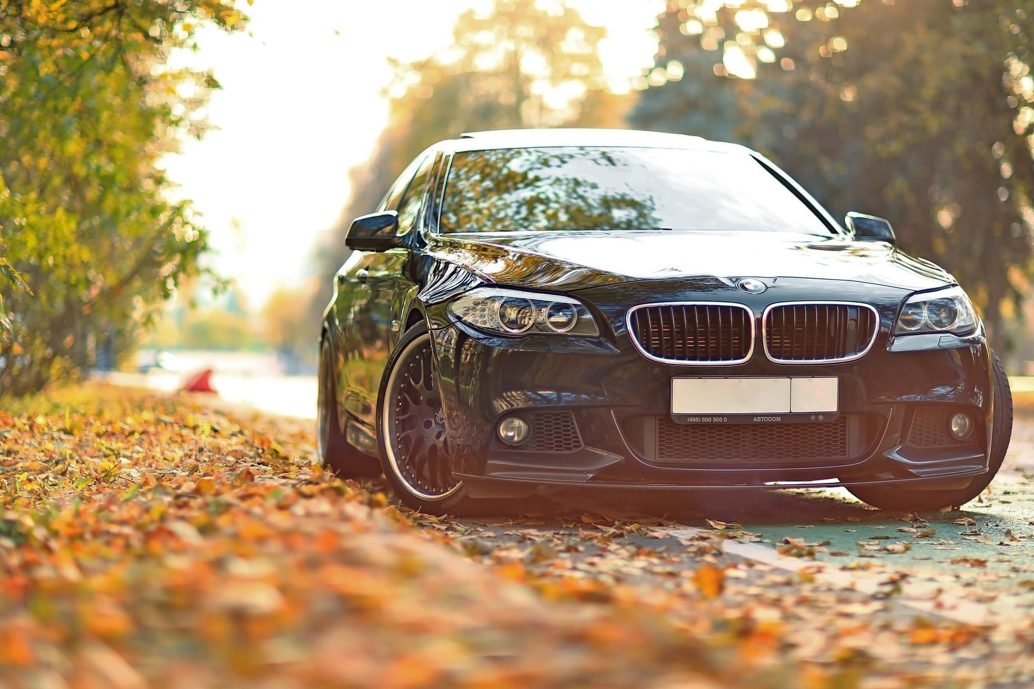 BMW 5er, Schwarze Limousine, Herbstlaub, Herbst, Bokeh, Full HD, Desktop-Hintergrund für Windows