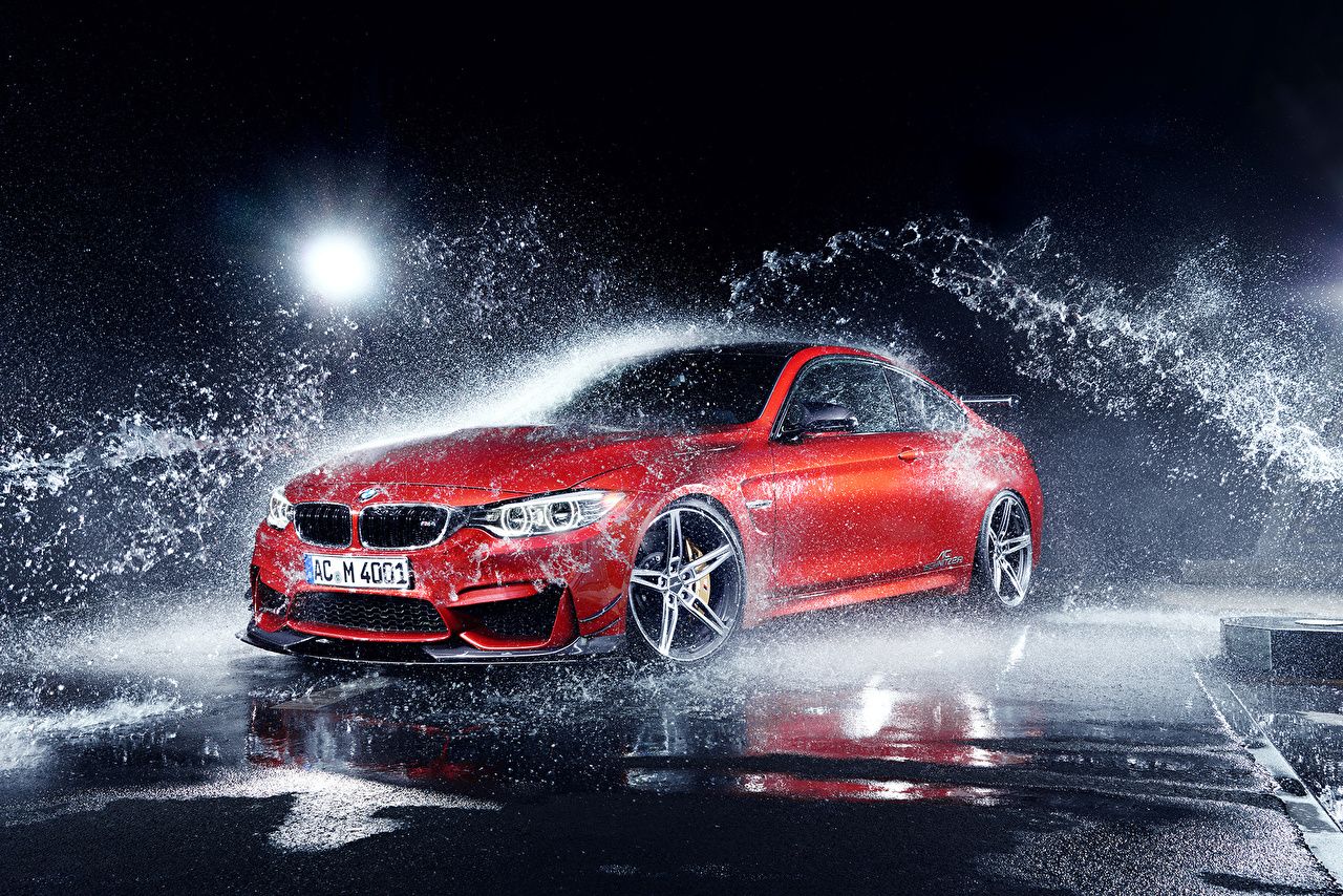 BMW M4, Roter Sportwagen, Wasserspritzer, Regen, Nacht, HD, Hintergrundbild für den PC