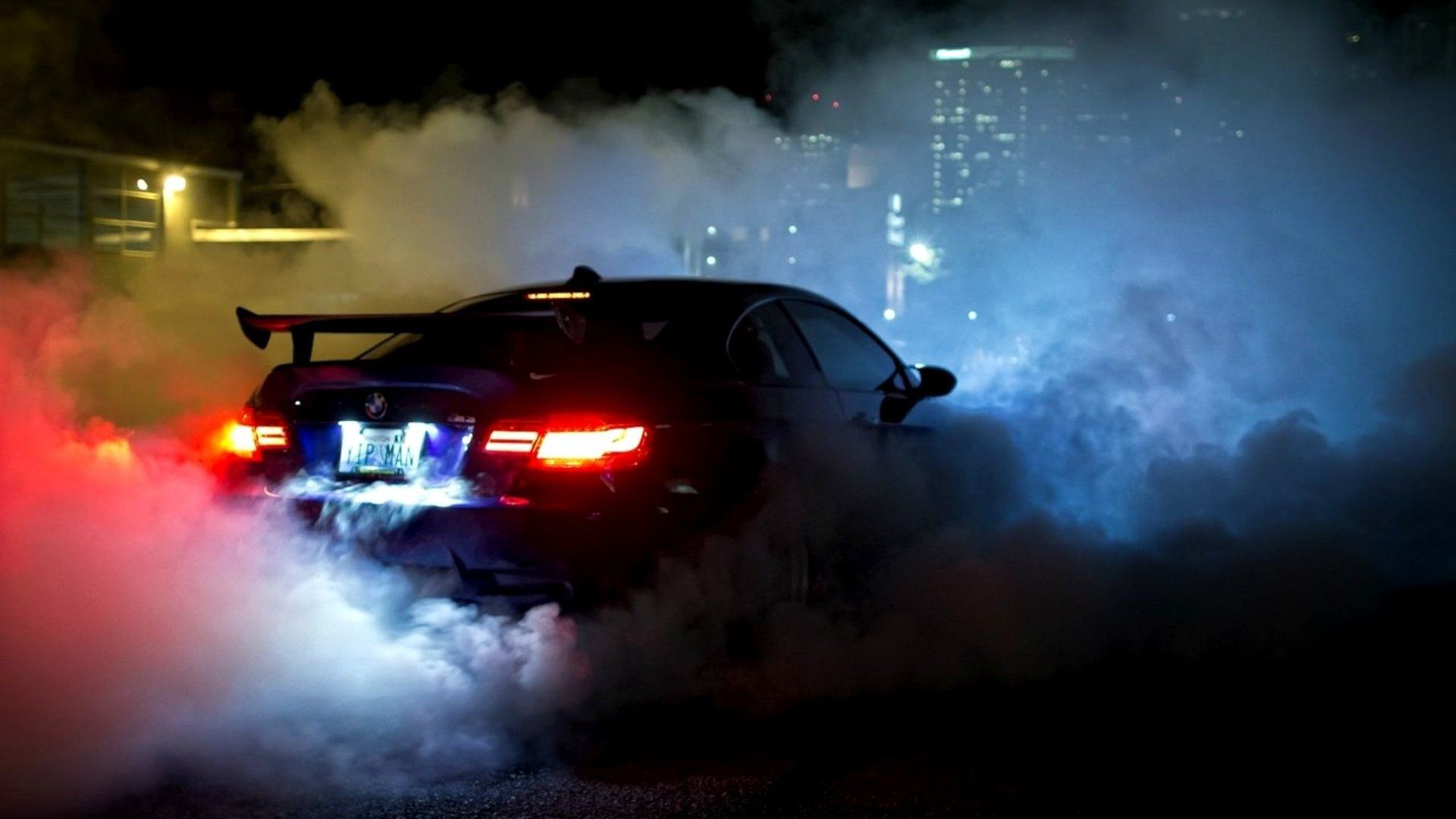 BMW, Burnout, Rauch, Rücklichter, Nacht, Drift, Full HD 1080p, Desktop-Hintergrundbild