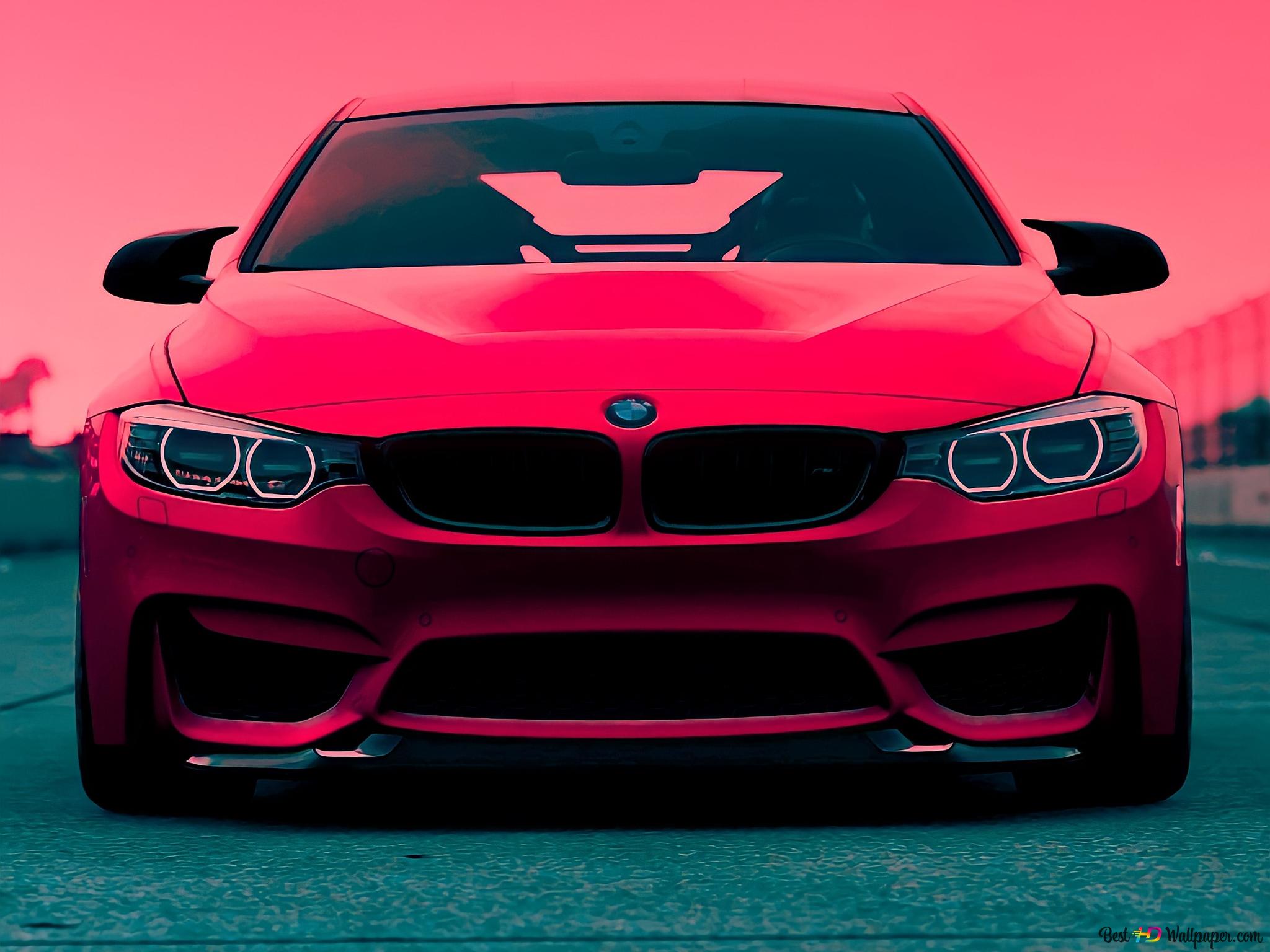 BMW M4, Roter Sportwagen, Frontansicht, Rosa Himmel, Pastellfarben, Full HD, iPad-Hintergrundbild