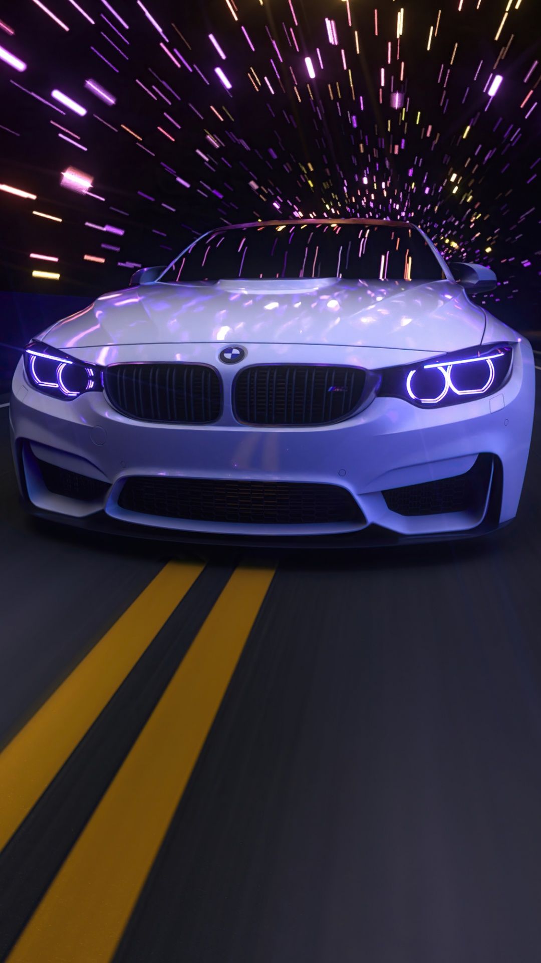 BMW M4, Silberner Sportwagen, Lichtgeschwindigkeit, Lichtstreifen, Straßenmarkierung, Handy-Hintergrund