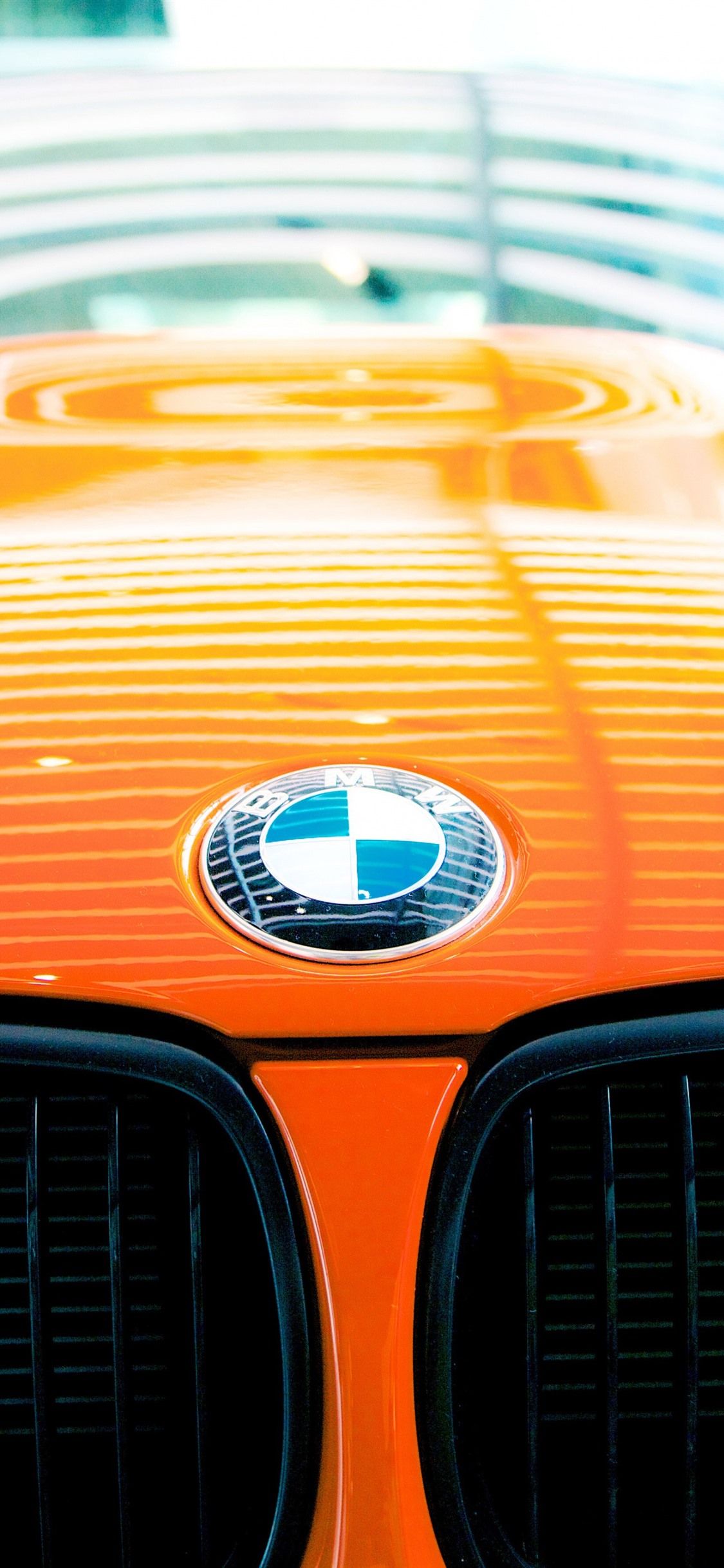 BMW-Logo, Orangefarbene Motorhaube, Nierengrill, Nahaufnahme, Full HD, iPhone-Hintergrundbild