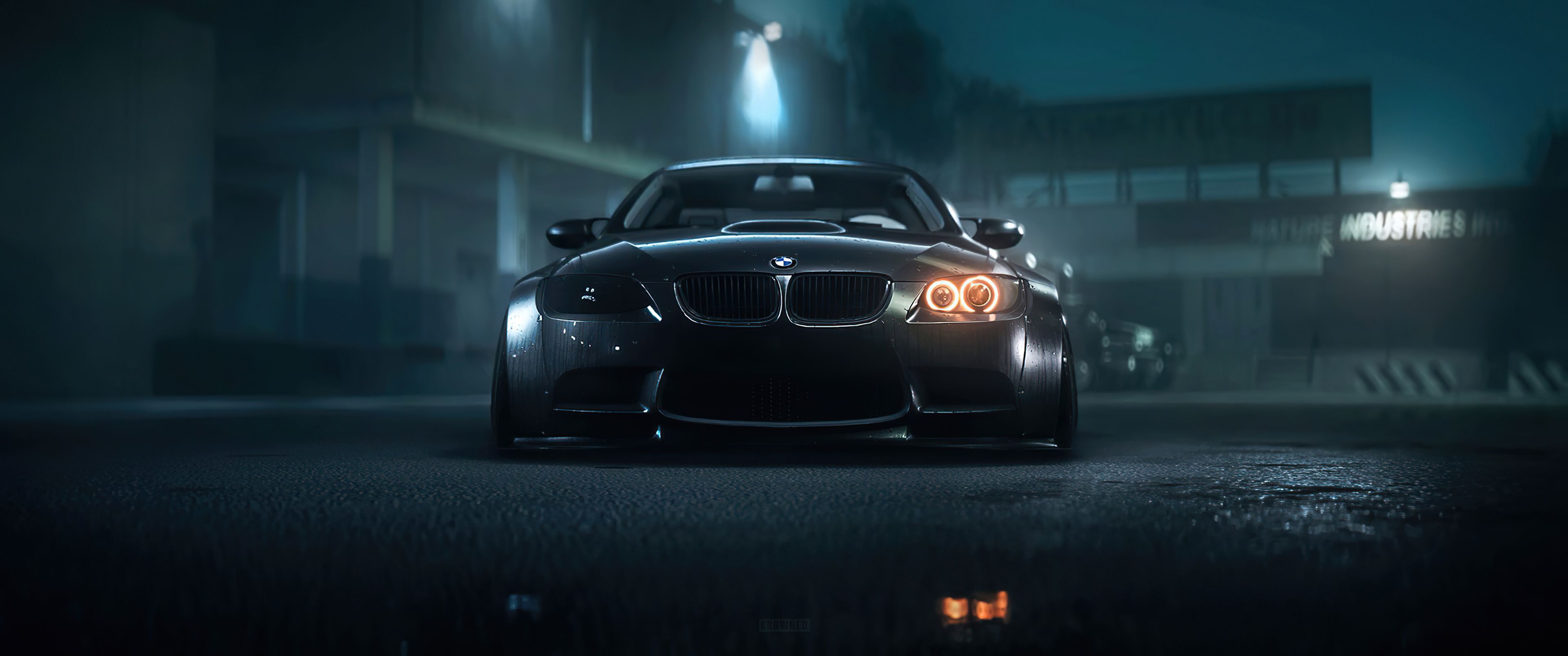 BMW M3 E92, Schwarzer Sportwagen, Angel Eyes, Nacht, Industriegelände, 4K, Desktop-Hintergrund