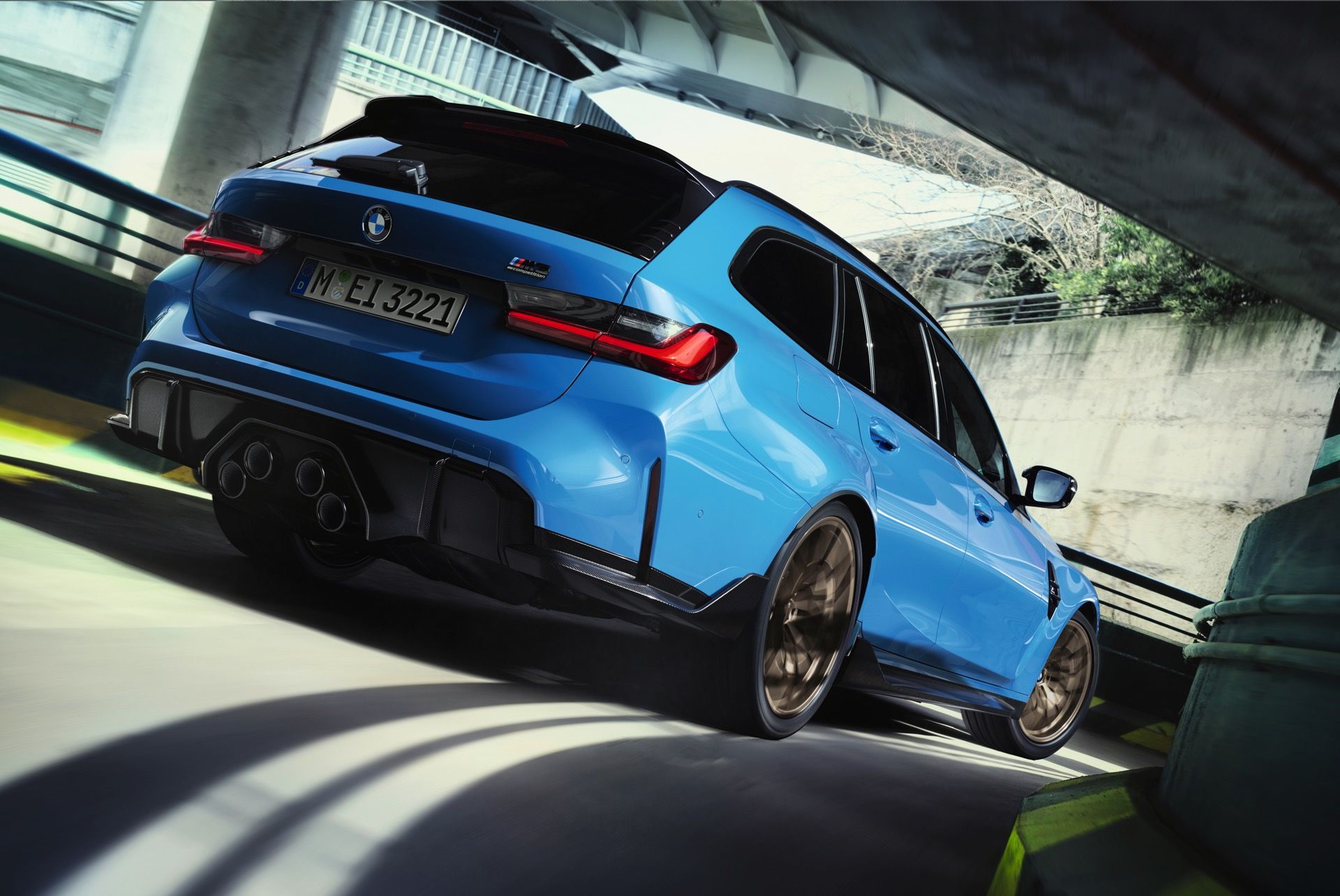BMW M3 Touring, Kombi, Blaues Auto, Unterführung, Heckansicht, Full-HD-Hintergrundbild für PC