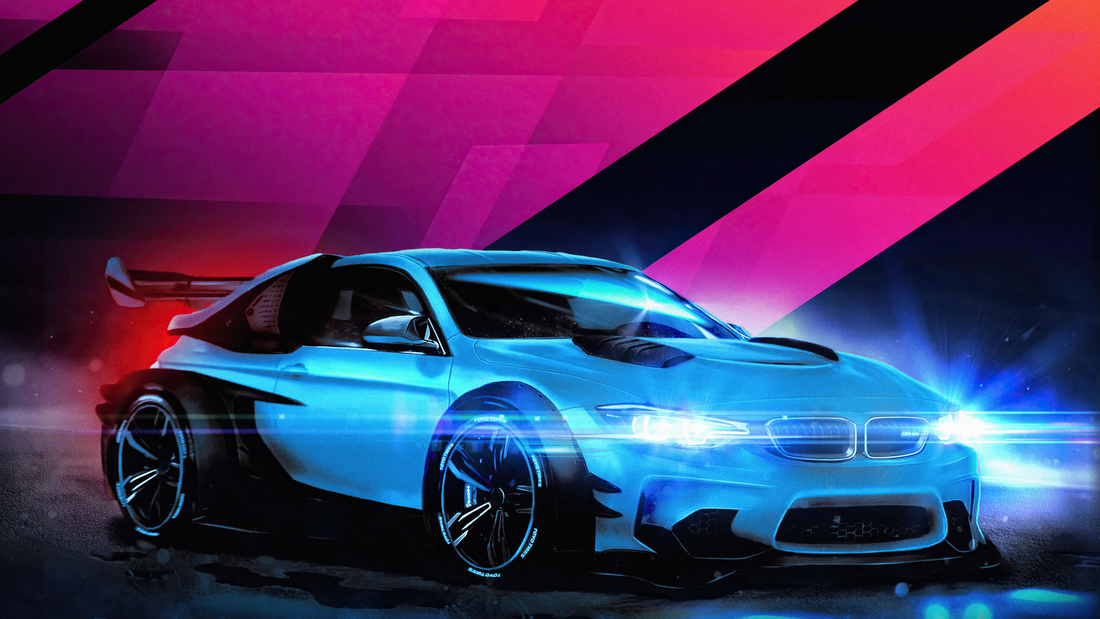BMW M4, Tuning, Blauer Sportwagen, Digitale Kunst, Pinke Streifen, 3840x2160, PC-Hintergrundbild