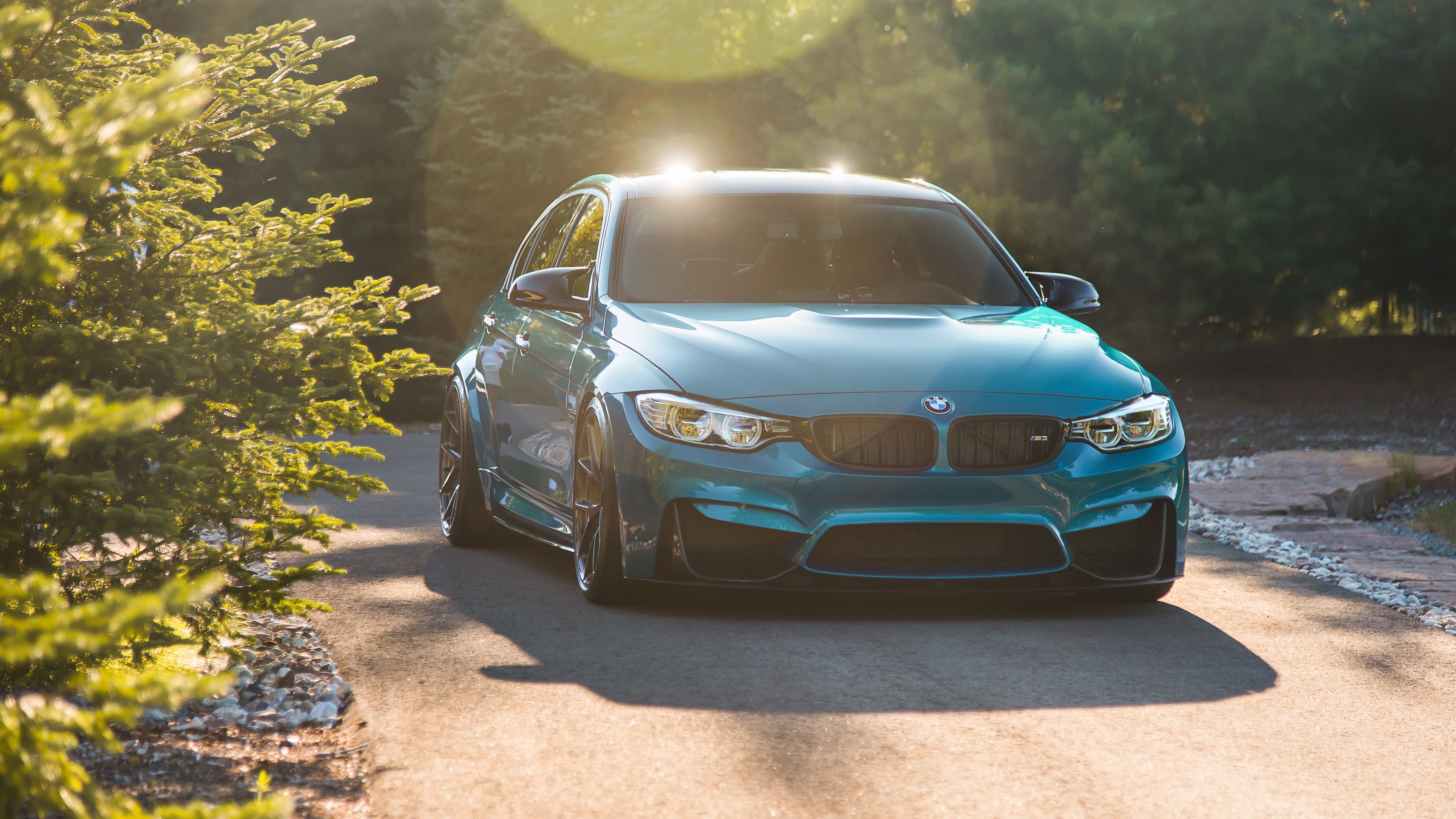 BMW M3, Blaue Limousine, Waldweg, Sonnenlicht, Gegenlicht, 5K-Hintergrundbild für PC