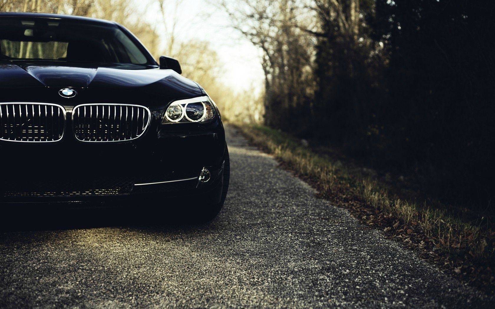 BMW 5er, Schwarze Limousine, Feldweg, Herbst, Nahaufnahme, HD, Laptop-Hintergrundbild
