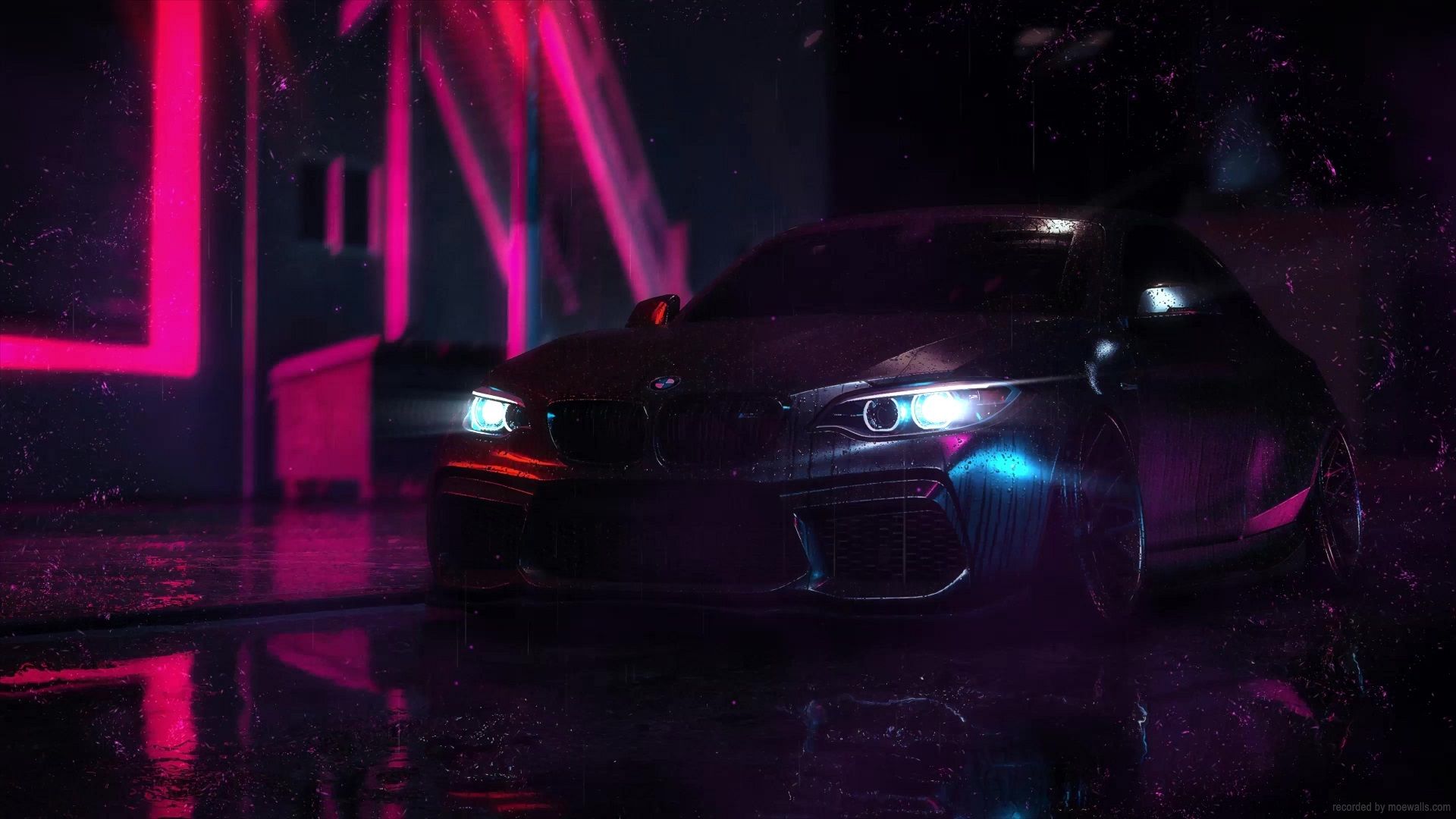 BMW M5, Schwarze Limousine, Neonlicht, Pink, Nacht, Full HD, Desktop-Hintergrund für Windows
