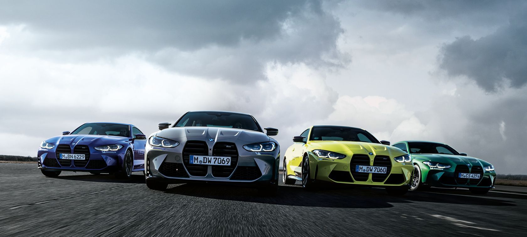 BMW M3, BMW M4, Modellpalette, Bunte Autos, Wolken, HD, Desktop-Hintergrund für Windows