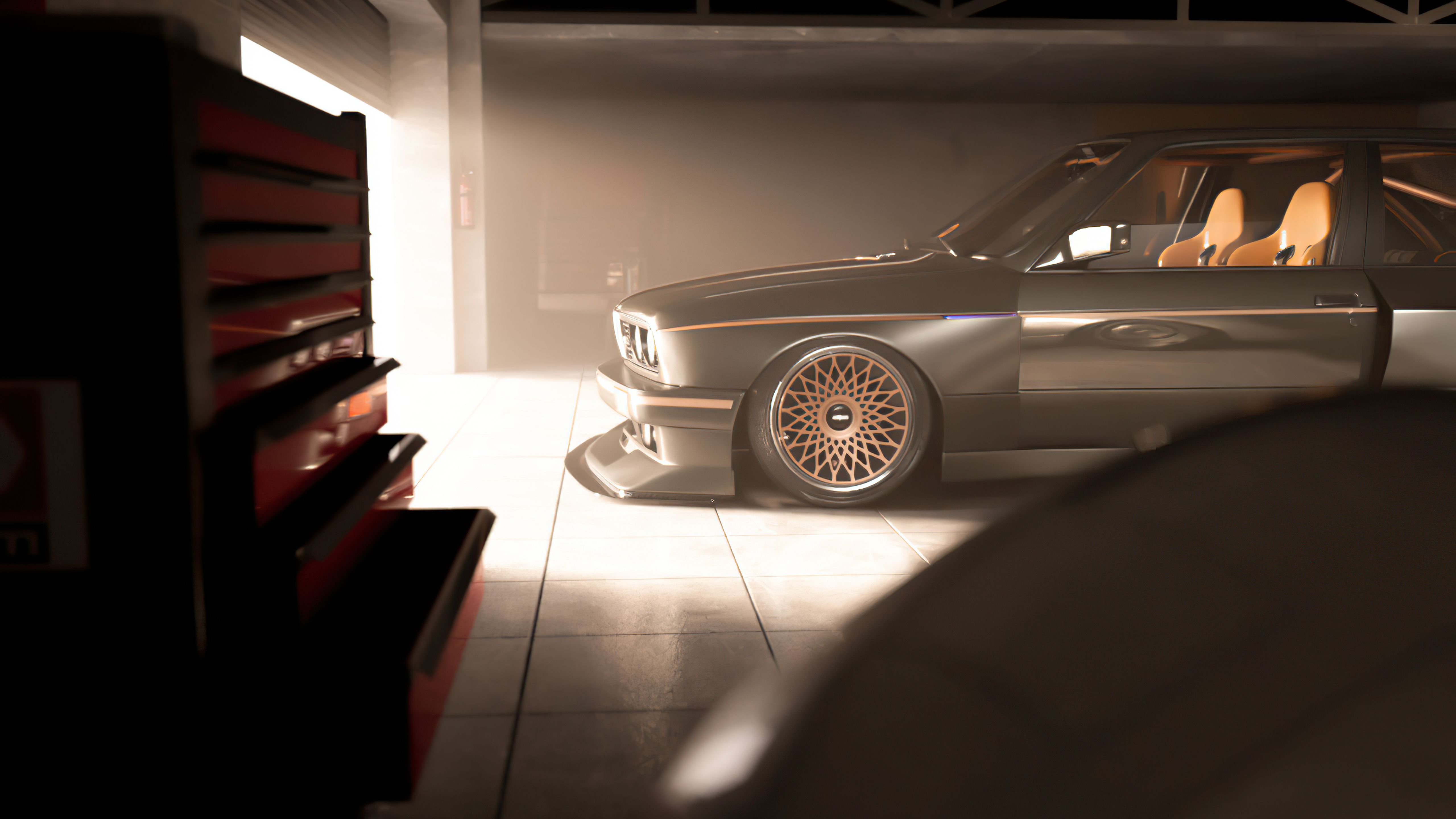 BMW M1, Oldtimer, Garage, Lichtstrahlen, Klassiker, 16:9, 5K-Hintergrundbild für den Desktop