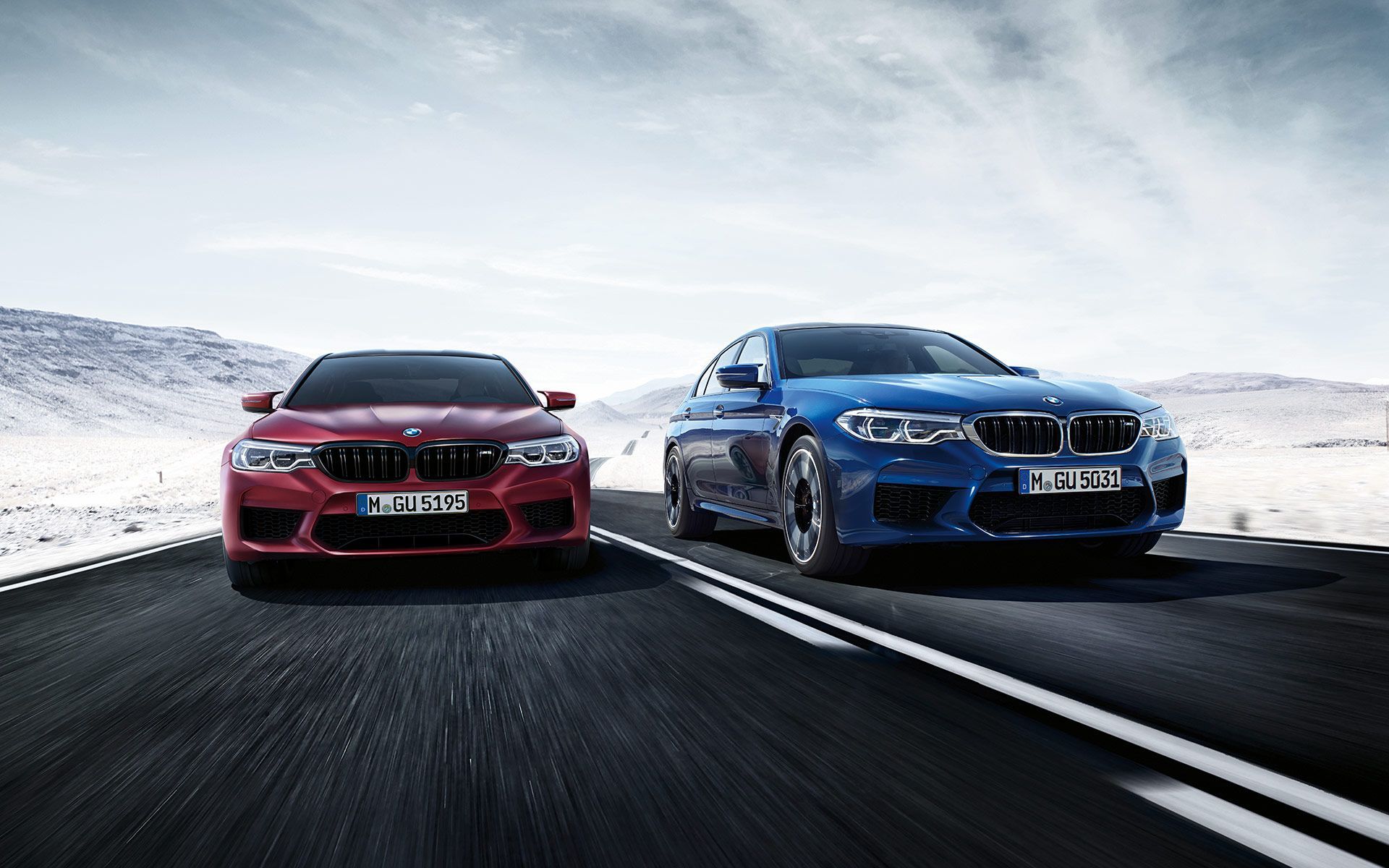 BMW M5, Rote Limousine, Blaue Limousine, Verschneite Landschaft, Winter, Full HD, PC-Hintergrundbild