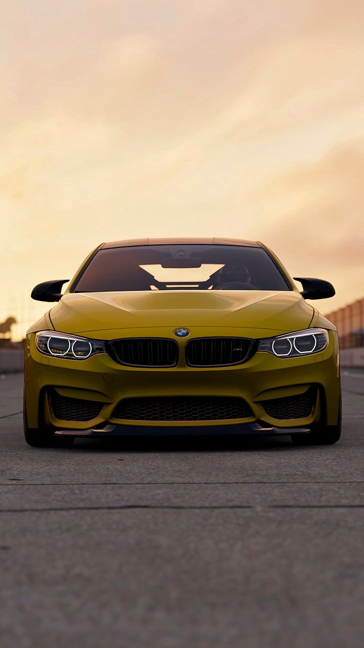 BMW M4, Gelbes Coupé, Frontansicht, Sonnenuntergang, HD, Hintergrundbild fürs Handy