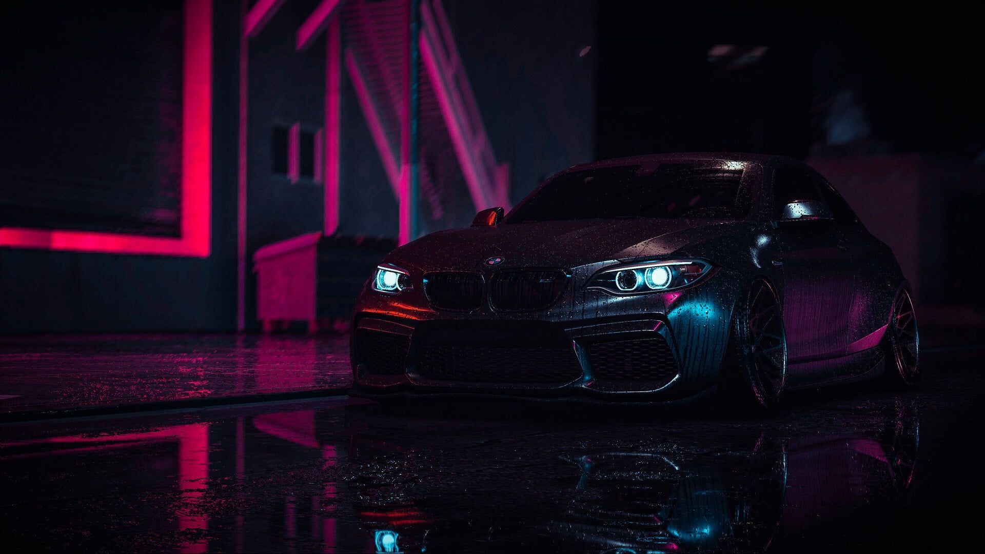 BMW, Limousine, Neonlicht, Nacht, Spiegelung, Pink, 1920x1080, Full-HD-Hintergrundbild für PC