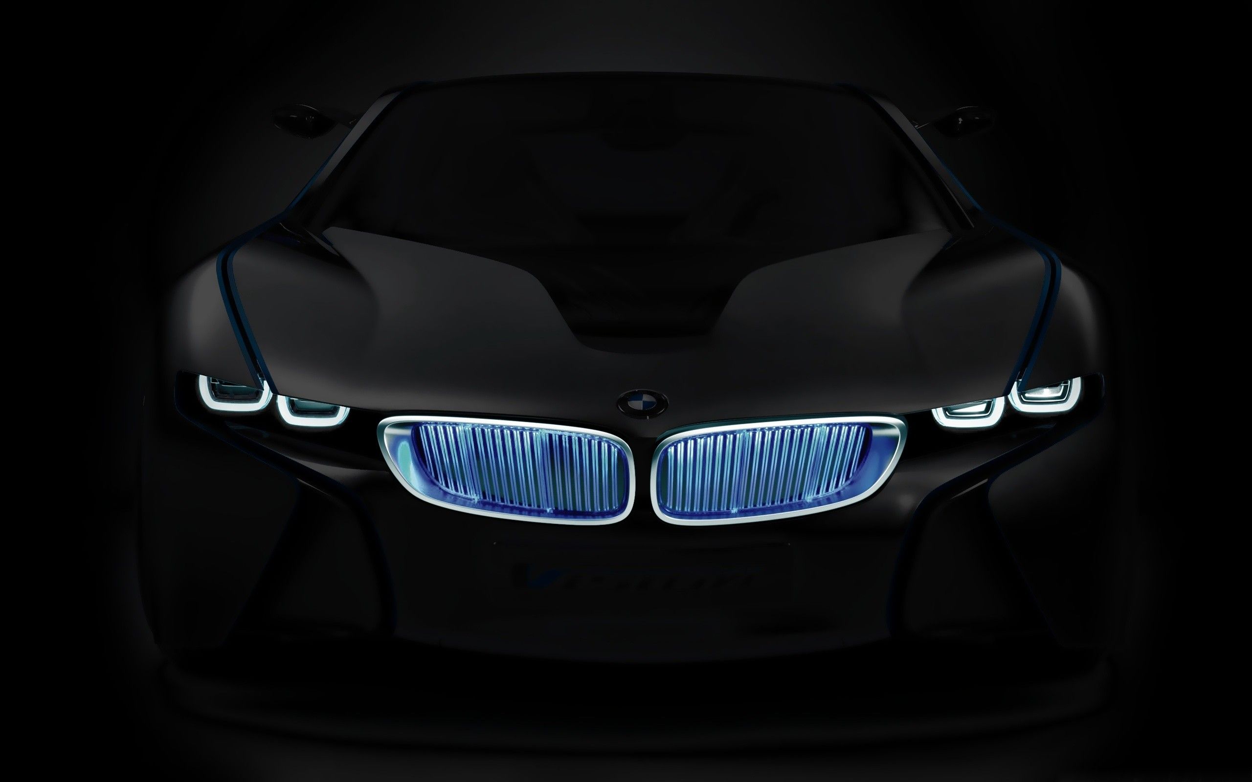 BMW i8, Frontansicht, Schwarzer Hintergrund, Blaue Niere, Konzeptfahrzeug, 2K Wallpaper
