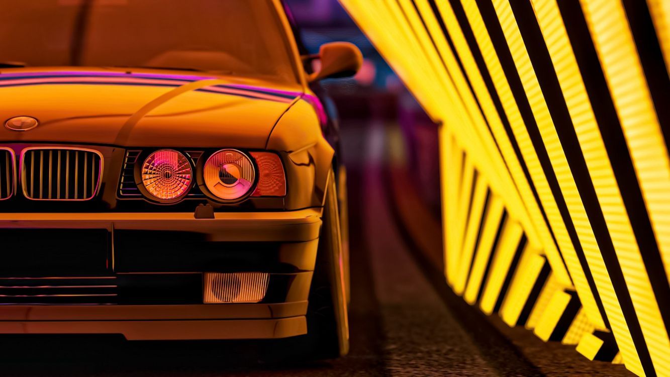 BMW 5er (E34), Oranges Auto, Scheinwerfer, Gelbe Streifen, Klassiker, HD-Hintergrundbild für PC