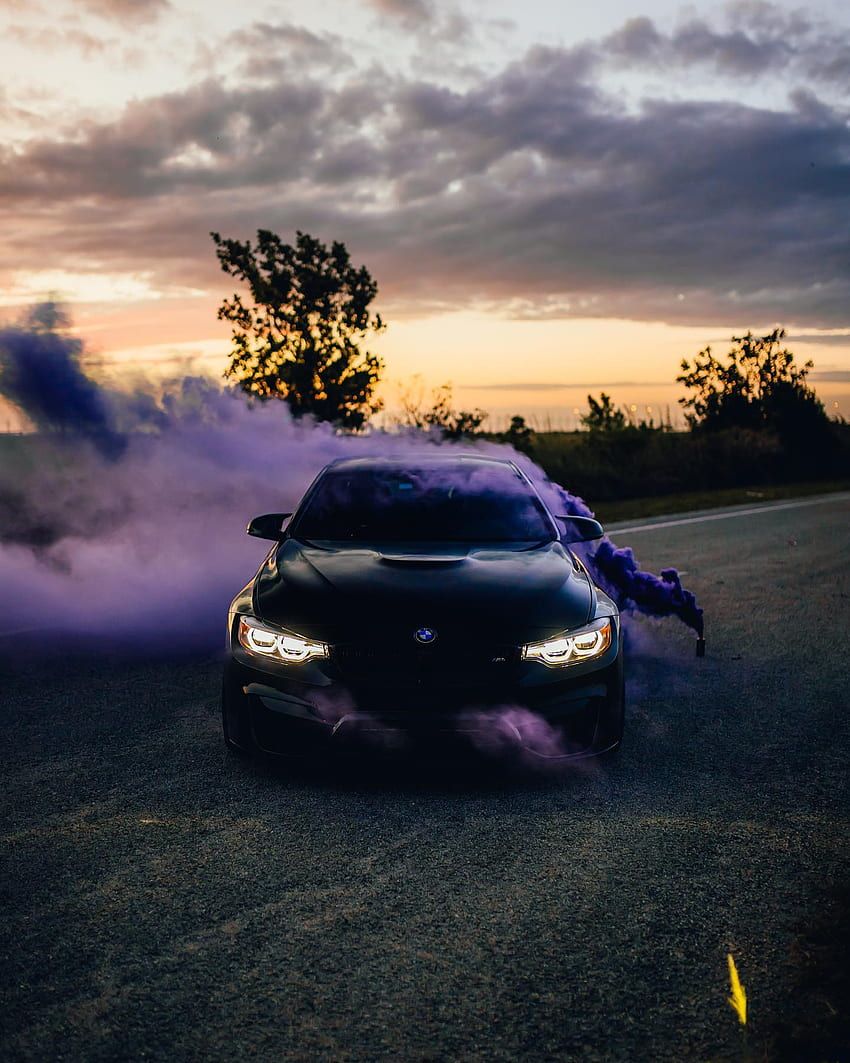 BMW, Burnout, Lila Rauch, Abenddämmerung, Landstraße, HD, Hintergrundbild fürs Tablet
