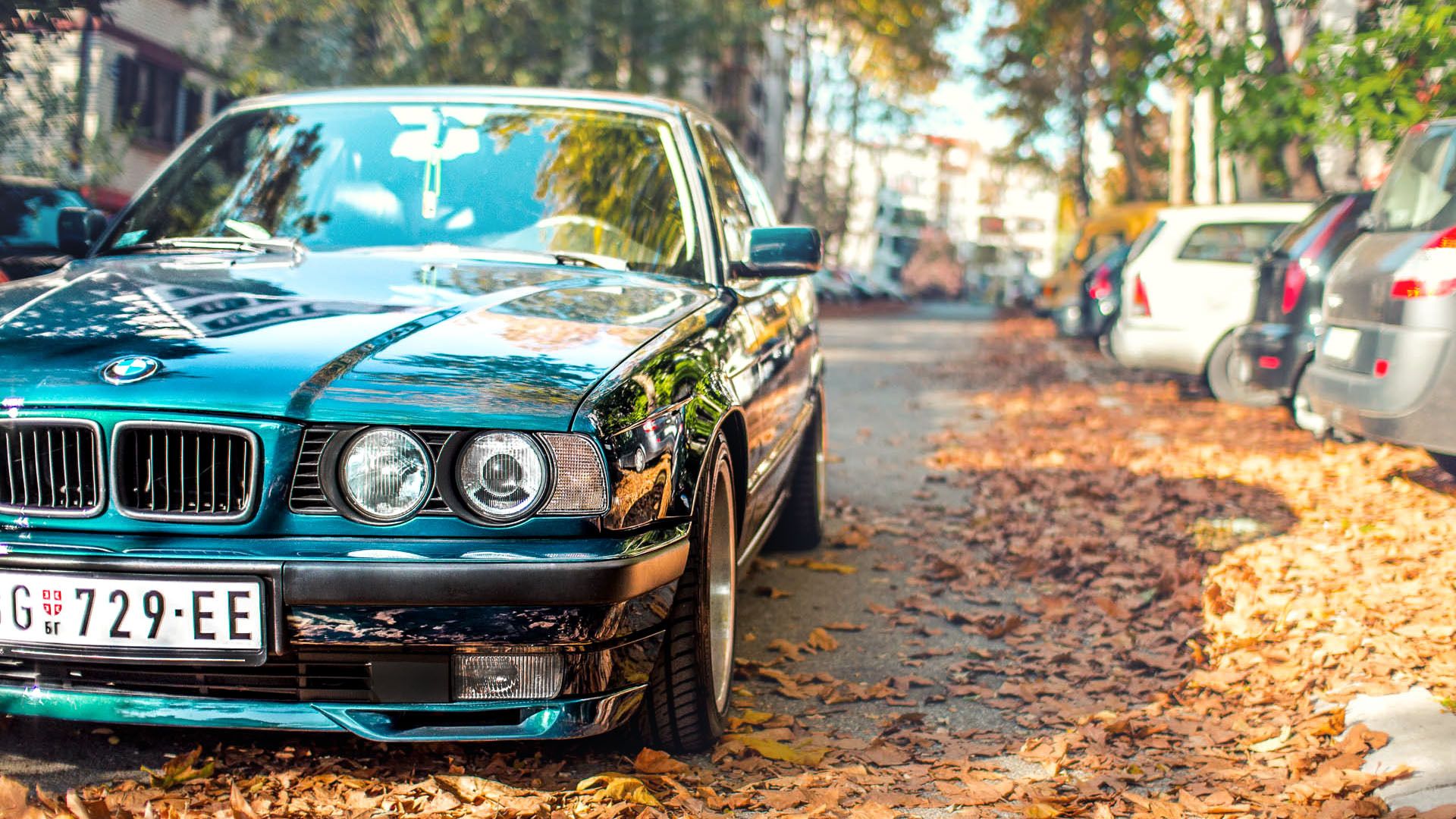 BMW 5er (E34), Türkises Auto, Klassiker, Herbstlaub, Straße, Full HD, Laptop-Hintergrundbild