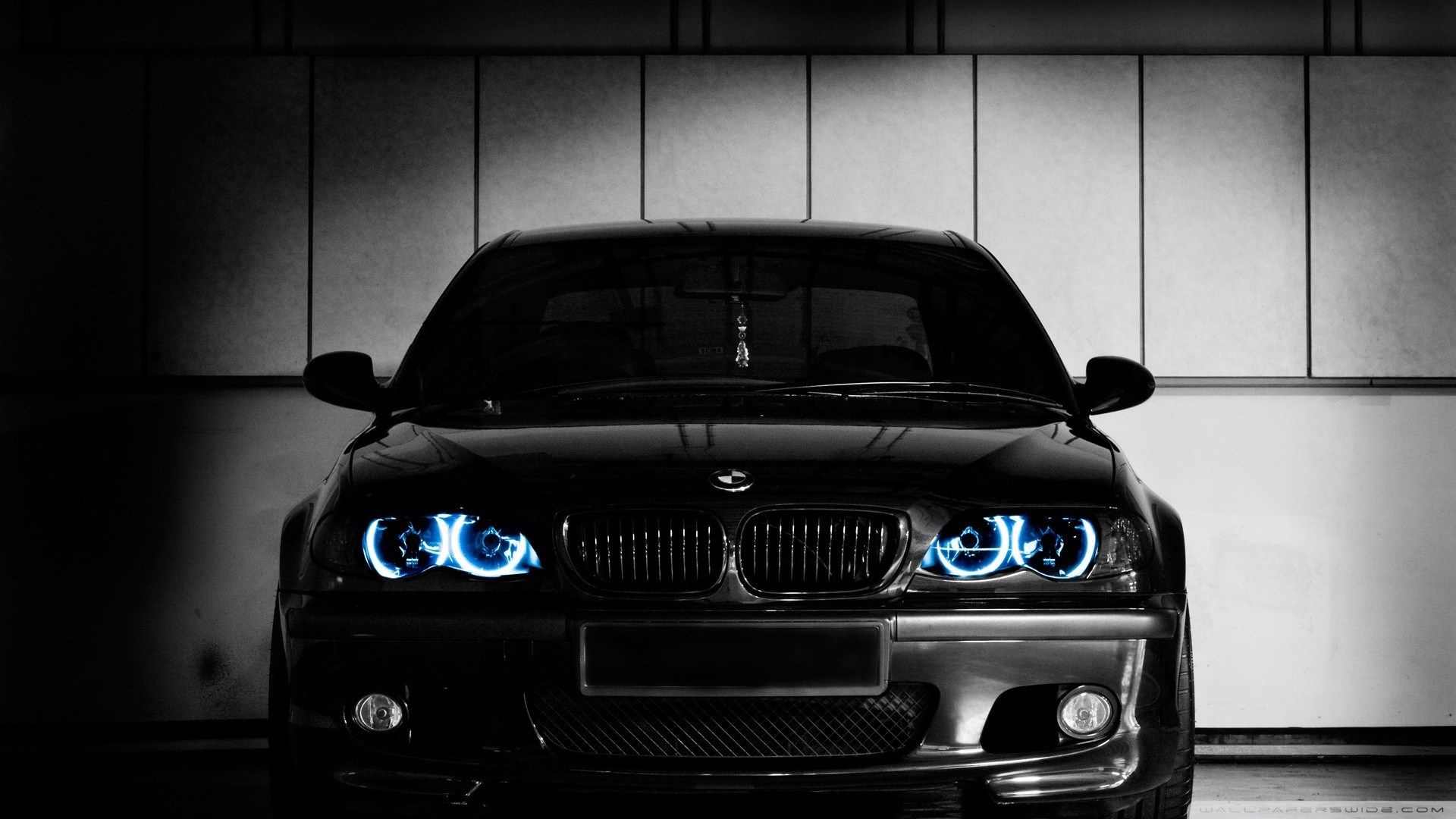 BMW M3 (E46), Angel Eyes, Schwarzes Auto, Halle, Frontansicht, Full HD, Breitbild-Hintergrundbild