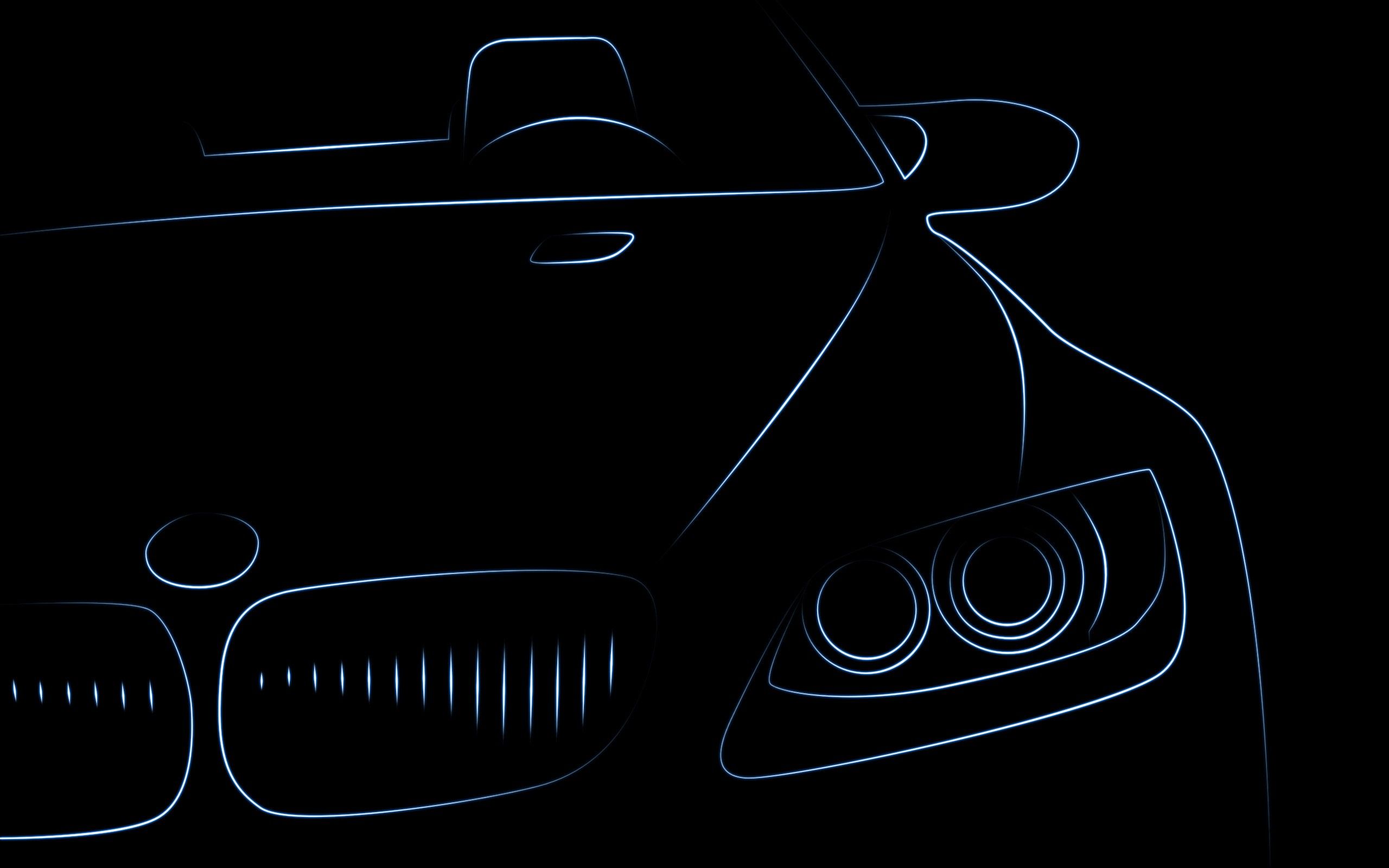 BMW, Line Art, Leuchtende Konturen, Schwarzer Hintergrund, Minimalismus, 2K Wallpaper