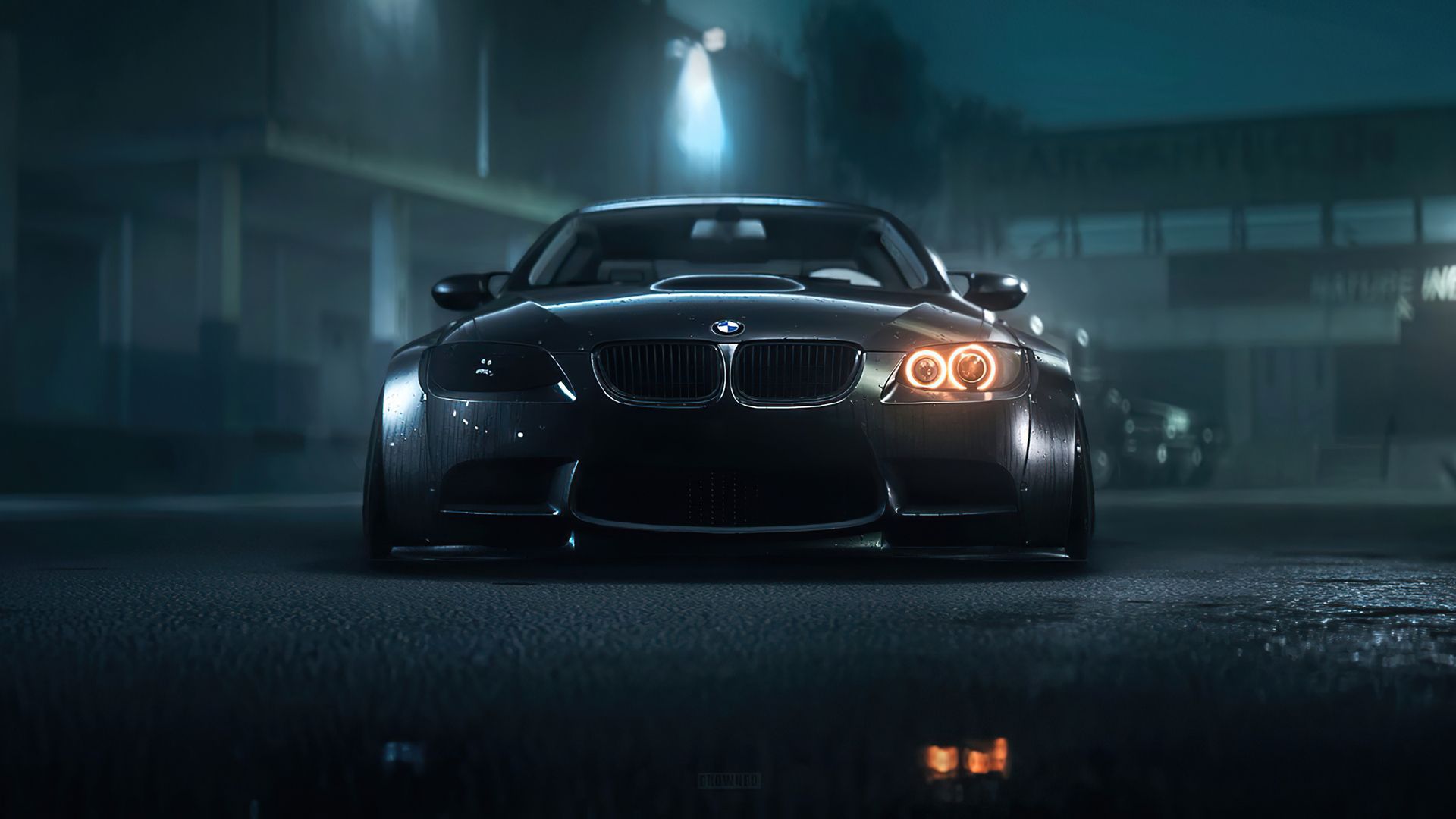 BMW M3 (E92), Schwarzes Auto, Nacht, Industriehalle, Angel Eyes, Full HD, Windows-Hintergrundbild