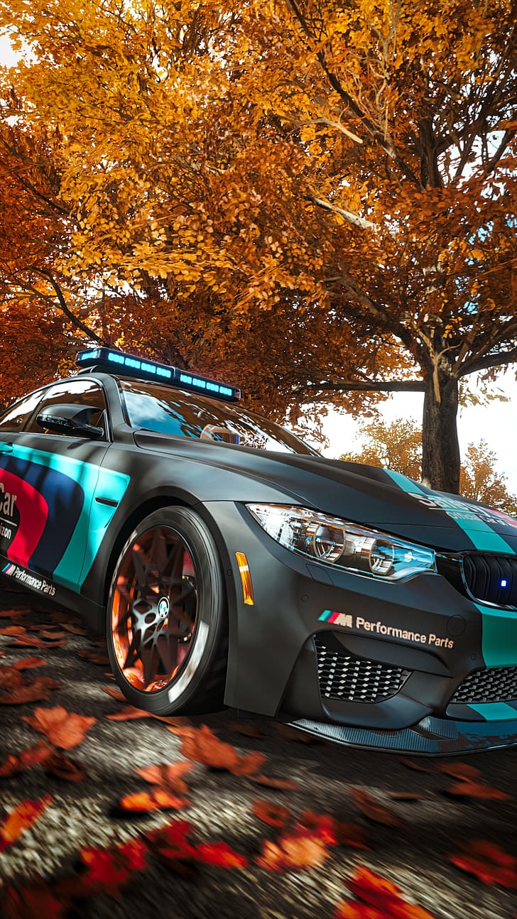 BMW M4, Safety Car, Herbst, Laub, Rennwagen, Hintergrundbild für iPhone und Android