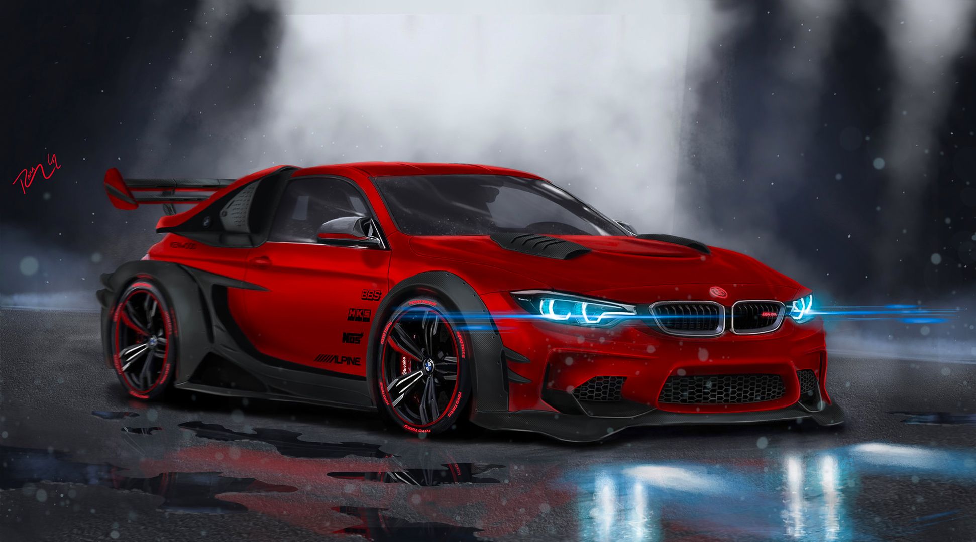 BMW M4, Breitbau, Rotes Auto, Digitale Kunst, Regen, Full HD, Desktop-Hintergrund für Windows
