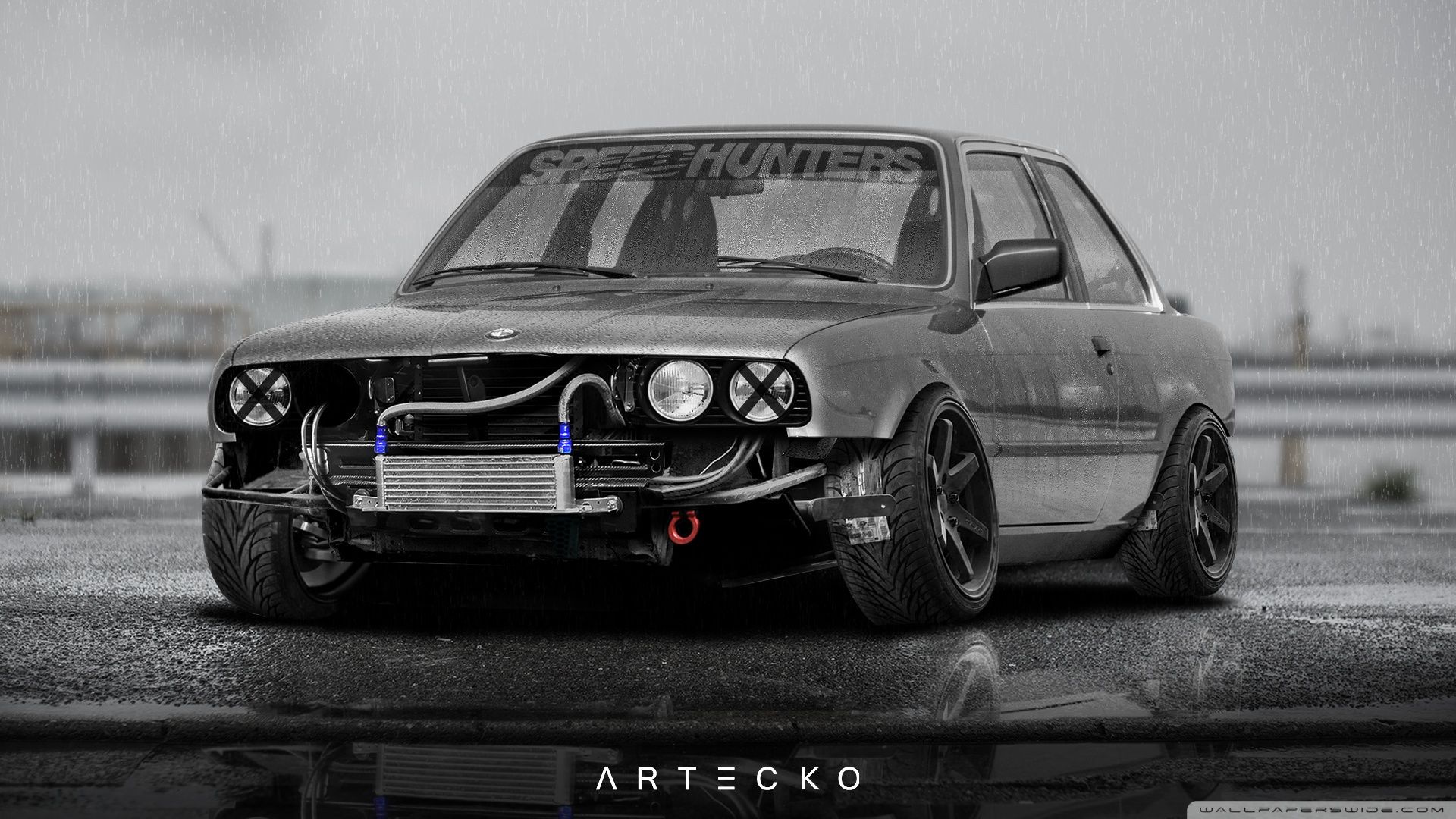 BMW 3er (E30), Klassiker, Ladeluftkühler, Graustufen, Tuning, Full HD, Breitbild-Hintergrundbild