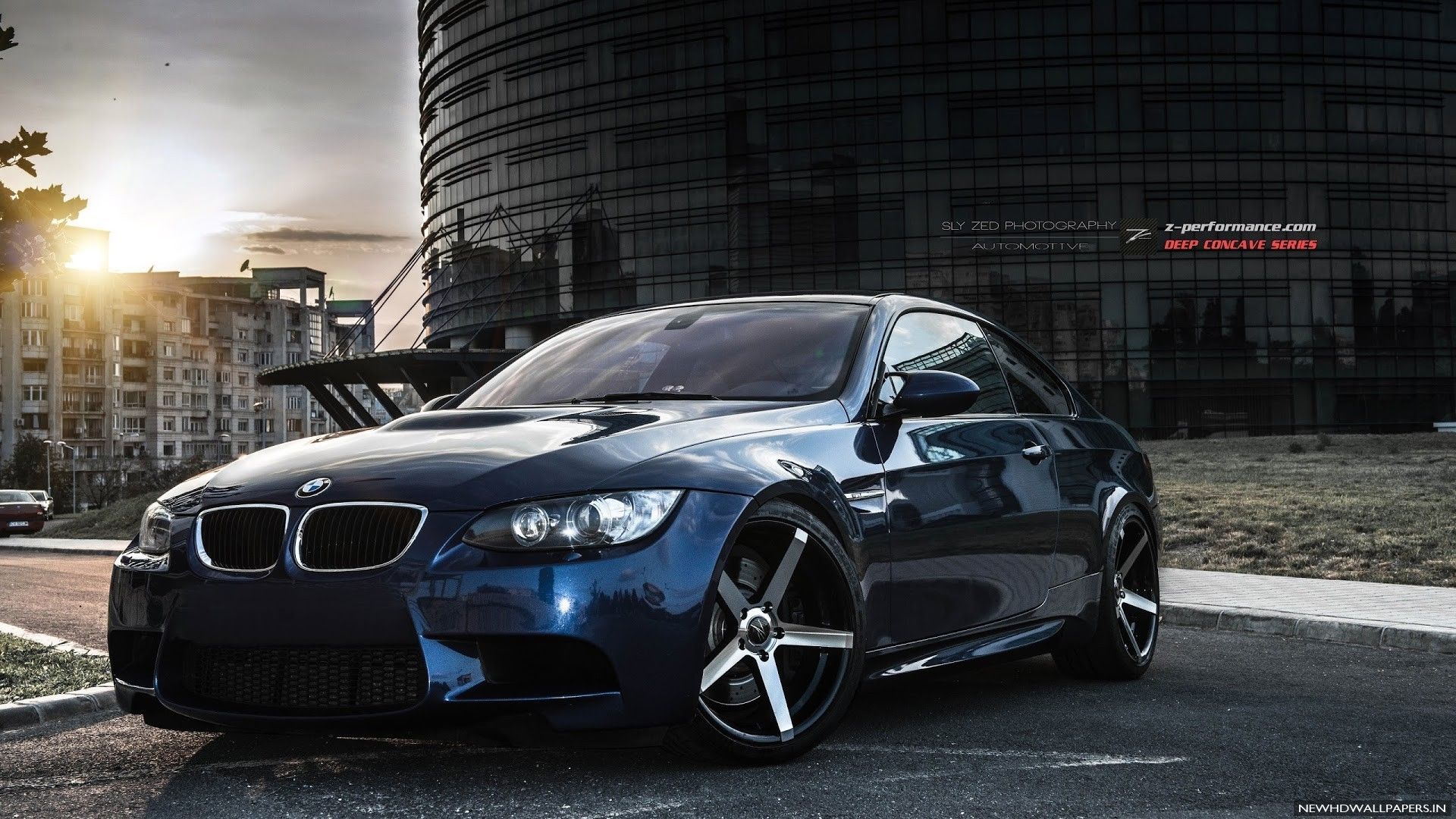 BMW M3 (E92), Dunkelblaues Auto, Stadt, Sonnenuntergang, Tuning, 1920x1080, PC-Hintergrundbild
