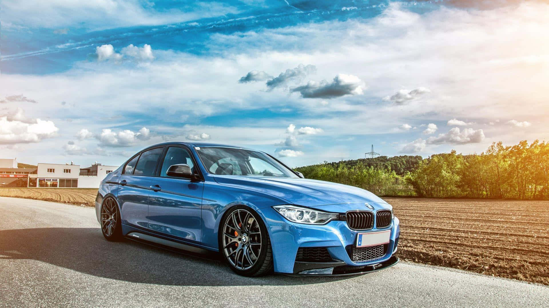 BMW 3er (F30), Blaues Auto, Limousine, Wolkenhimmel, Feld, Full HD, PC-Hintergrundbild