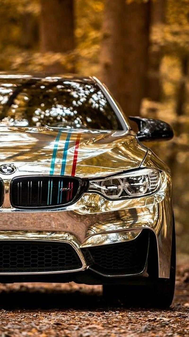 BMW M3, Goldenes Auto, M-Streifen, Herbst, Frontansicht, HD, Handy-Hintergrundbild