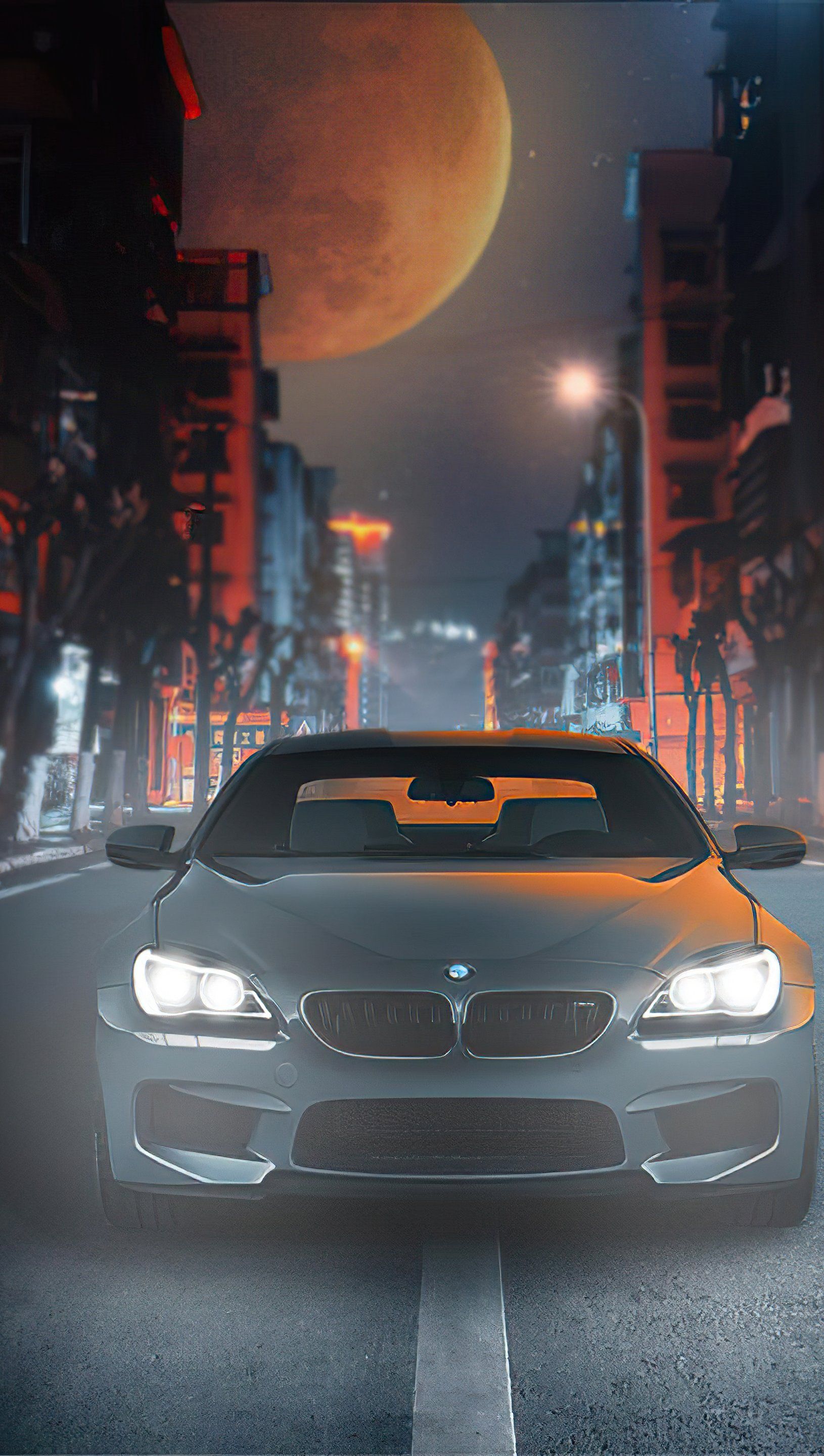 BMW M6, Stadt, Nacht, Großer Mond, Digitale Kunst, Frontansicht, QHD+, iPhone-Hintergrundbild