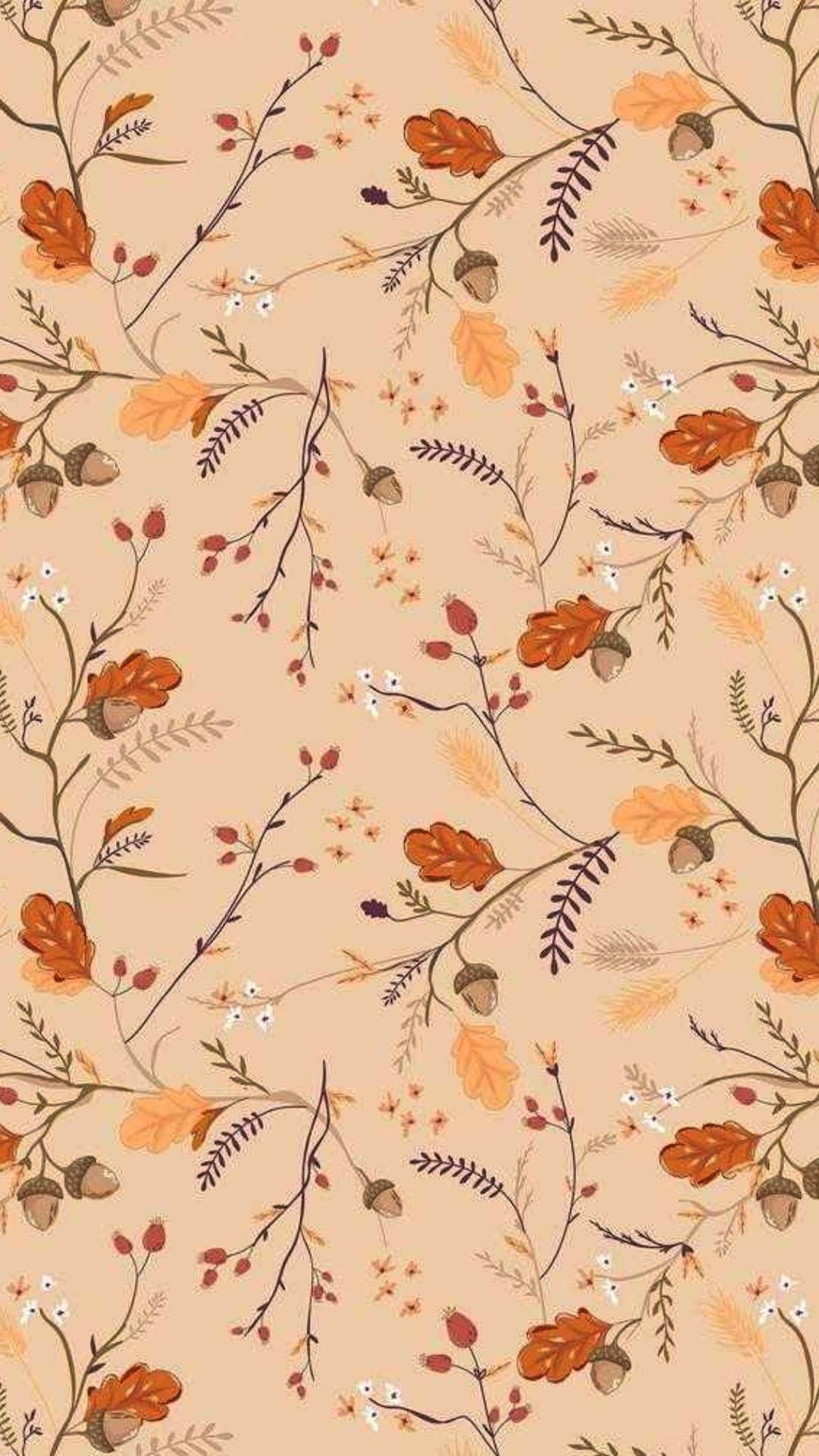Blumenmuster, Zweige, Pfirsichfarben, Herbst, Muster, Full HD, Handy-Hintergrund im Hochformat