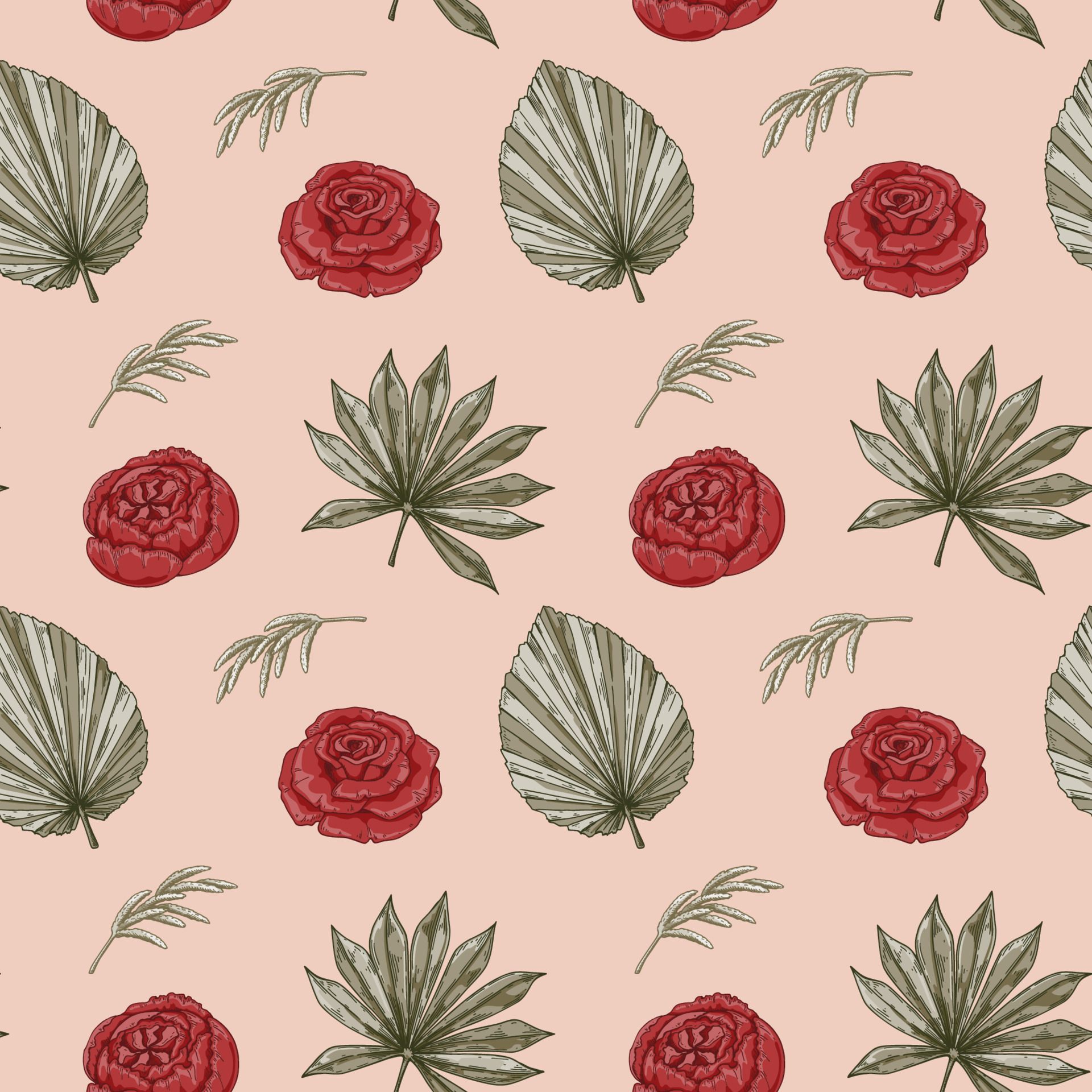 Rosen, Palmblätter, Rosa Hintergrund, Muster, Aquarell, Full HD Wallpaper
