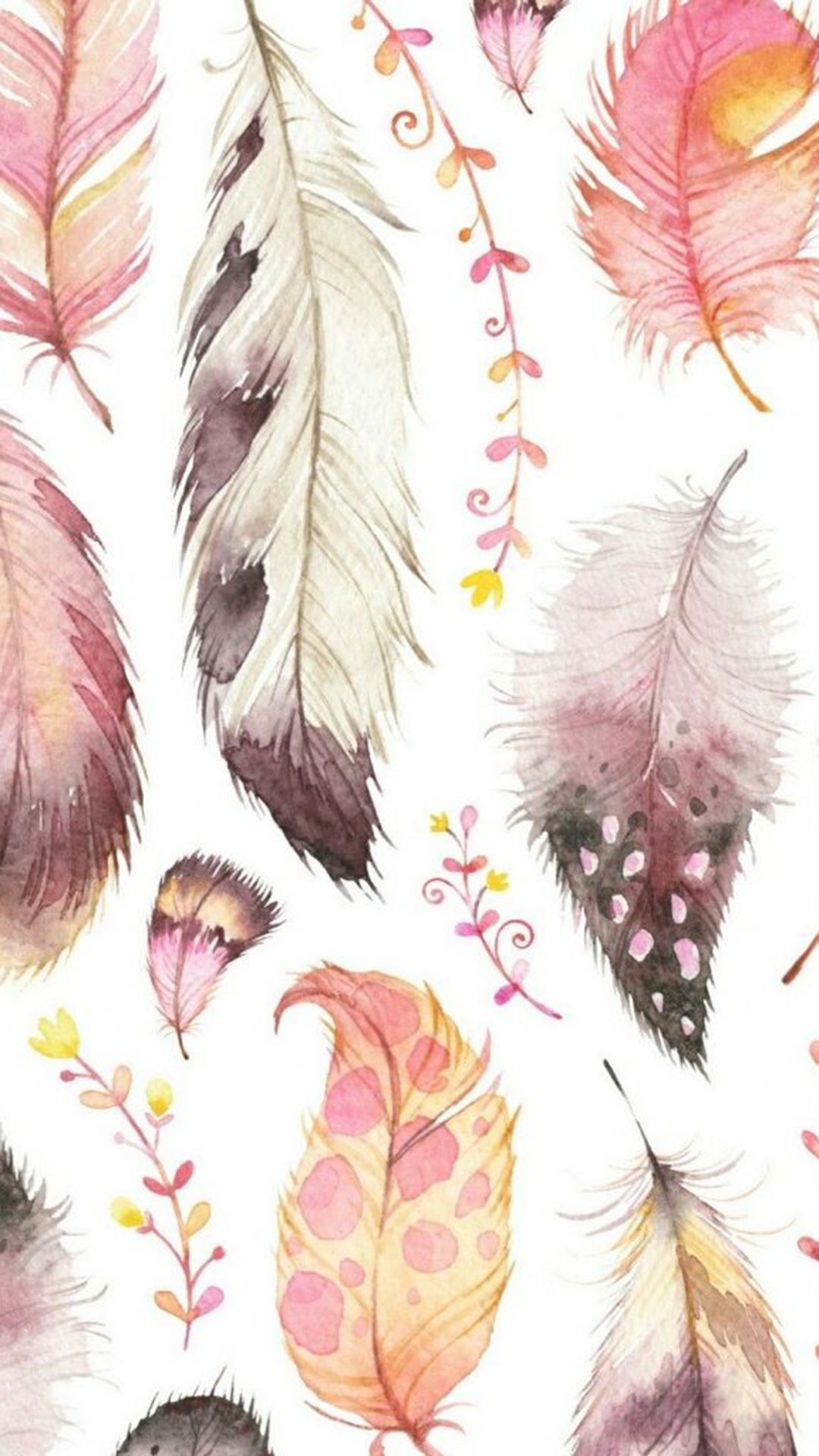 Federn, Aquarell, Rosa, Muster, Boho, Full HD, Handy-Hintergrund im Hochformat