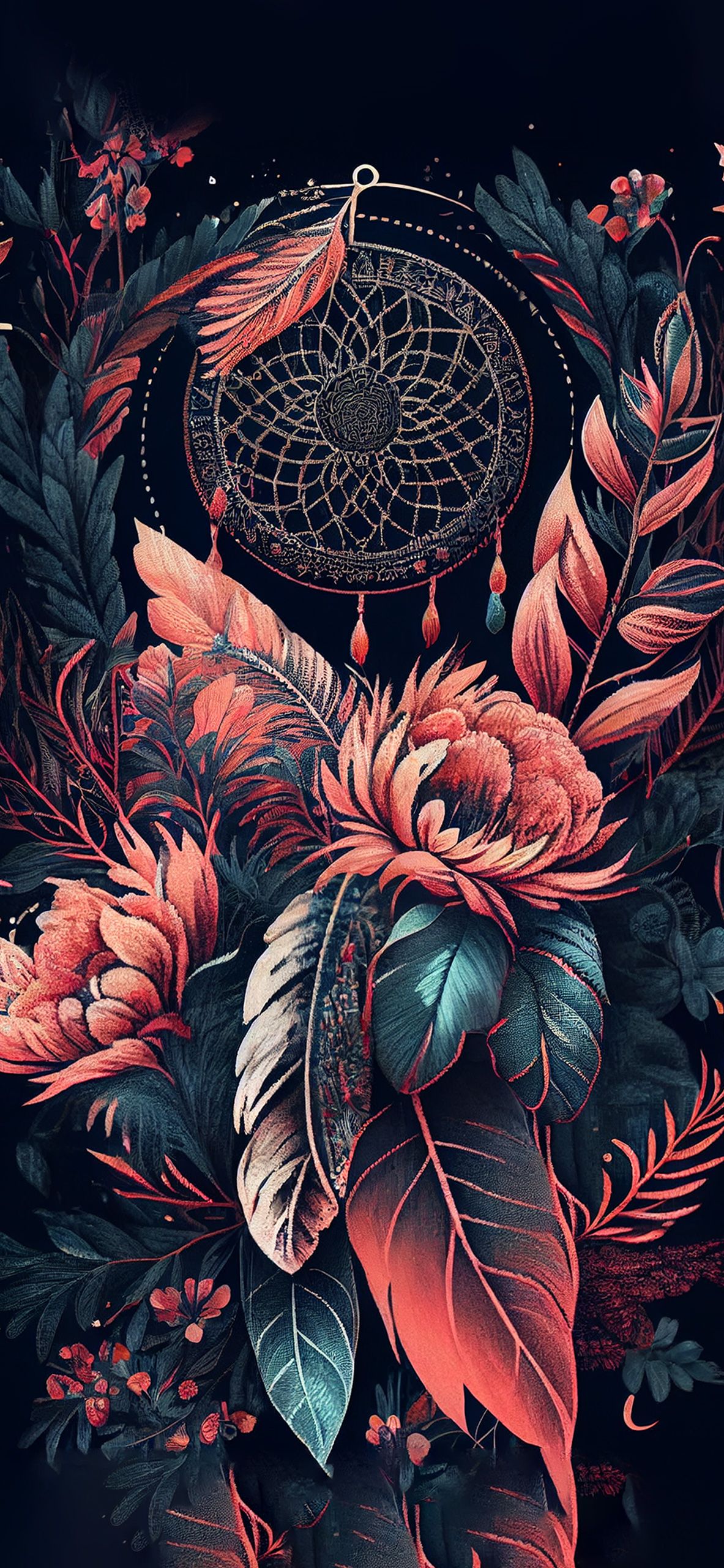 Traumfänger, Rosen, Federn, Dunkler Hintergrund, Digitale Kunst, Sperrbildschirm fürs iPhone