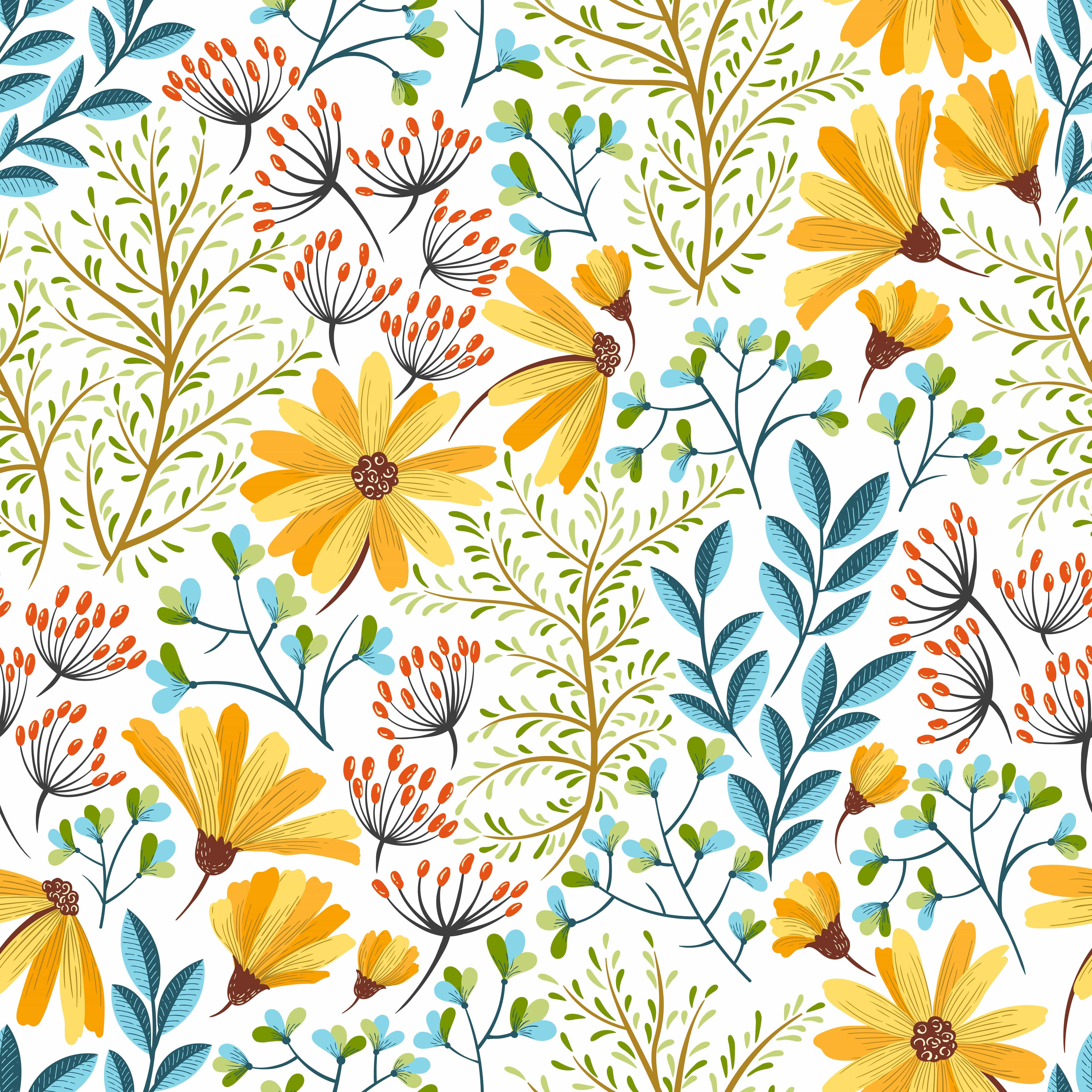 Blumenmuster, Gelbe Blüten, Blätter, Illustration, Muster, Hintergrundbild fürs Tablet