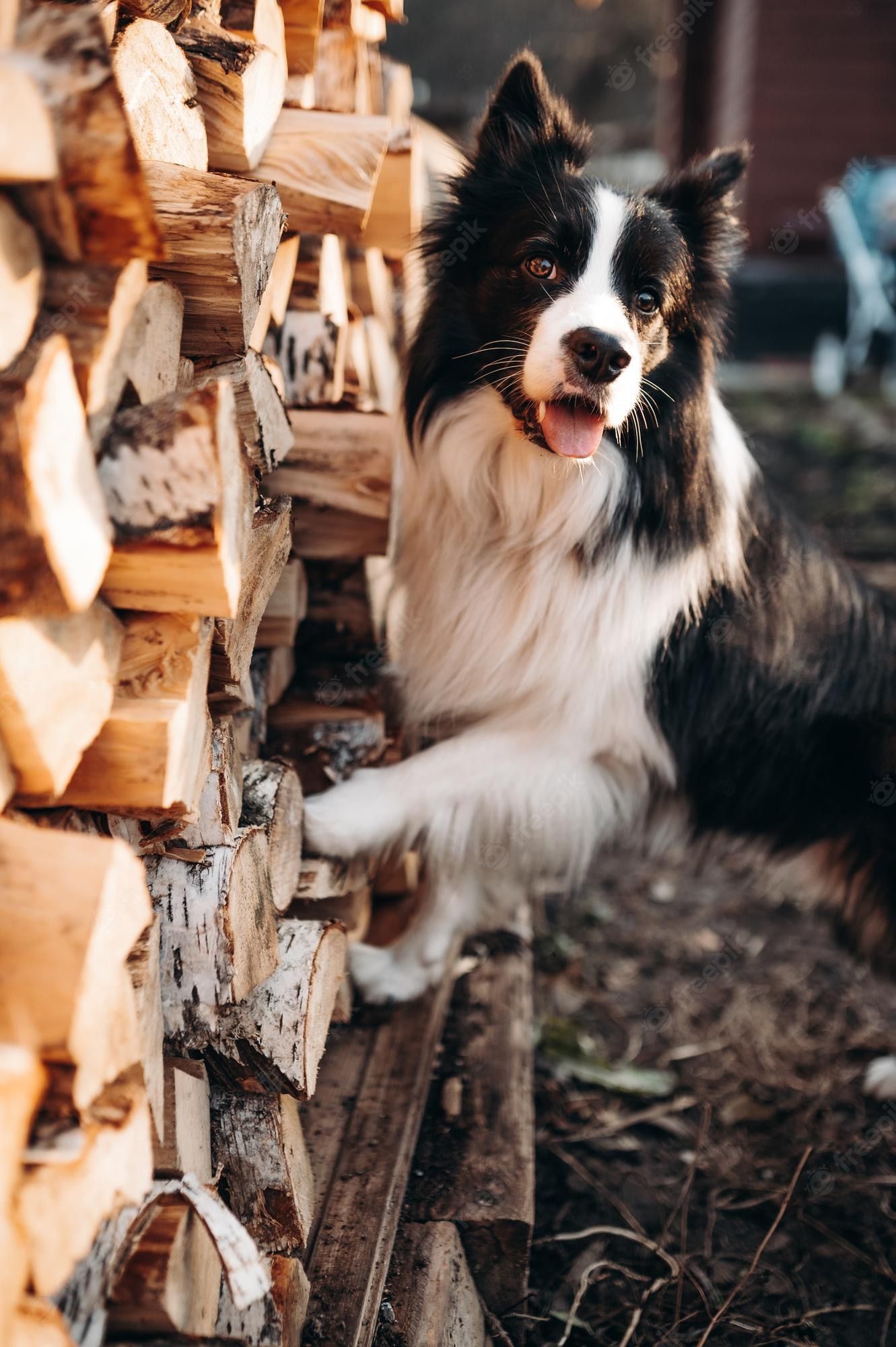 Border Collie, Holzstapel, Brennholz, Hochformat, Full HD, Hintergrundbild fürs Handy