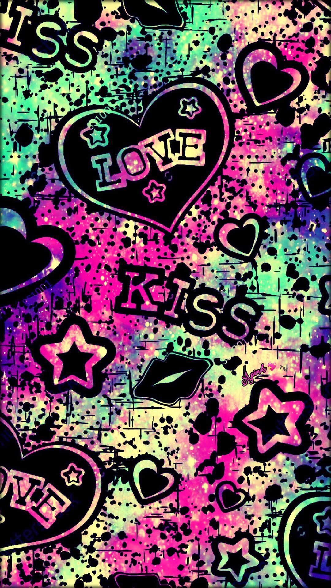 Love, Kiss, Herzen, Sterne, Neon, Galaxie-Muster, Full HD, Handy-Hintergrund im Hochformat