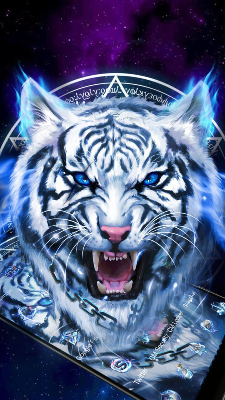 Weißer Tiger, Brüllen, Digitale Kunst, Blau, Galaxie, Hintergrundbild für iPhone und Android