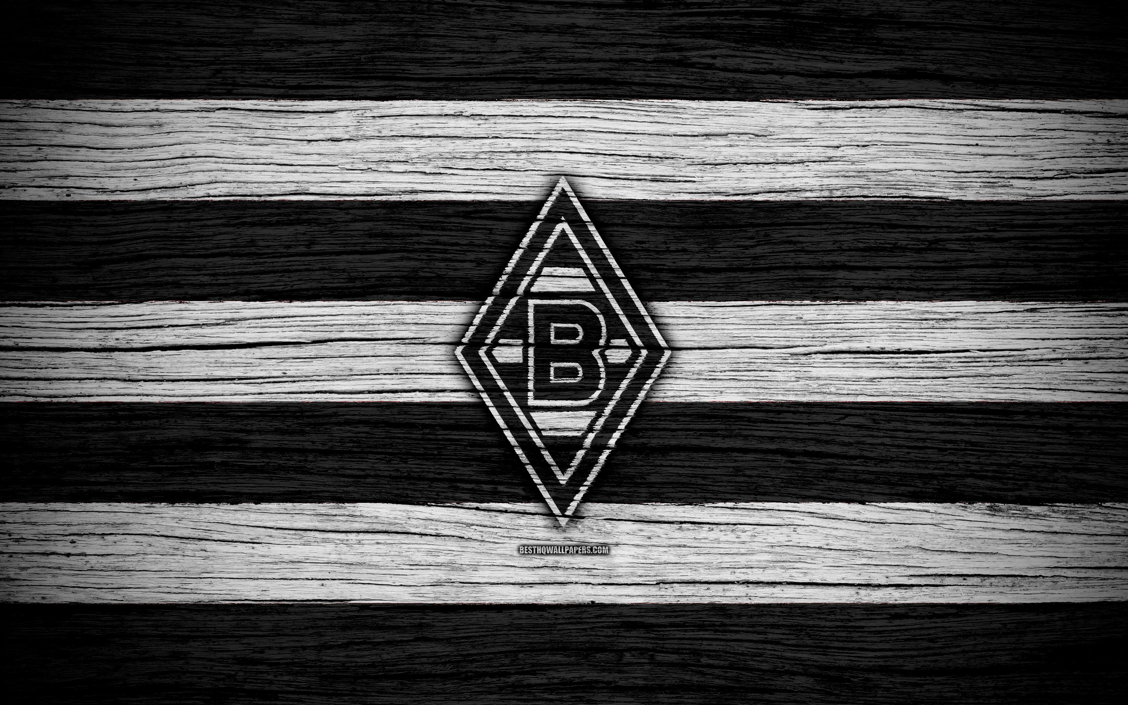 Borussia Mönchengladbach, Wappen, Holztextur, Schwarz-weiß, 4K, PC-Hintergrundbild