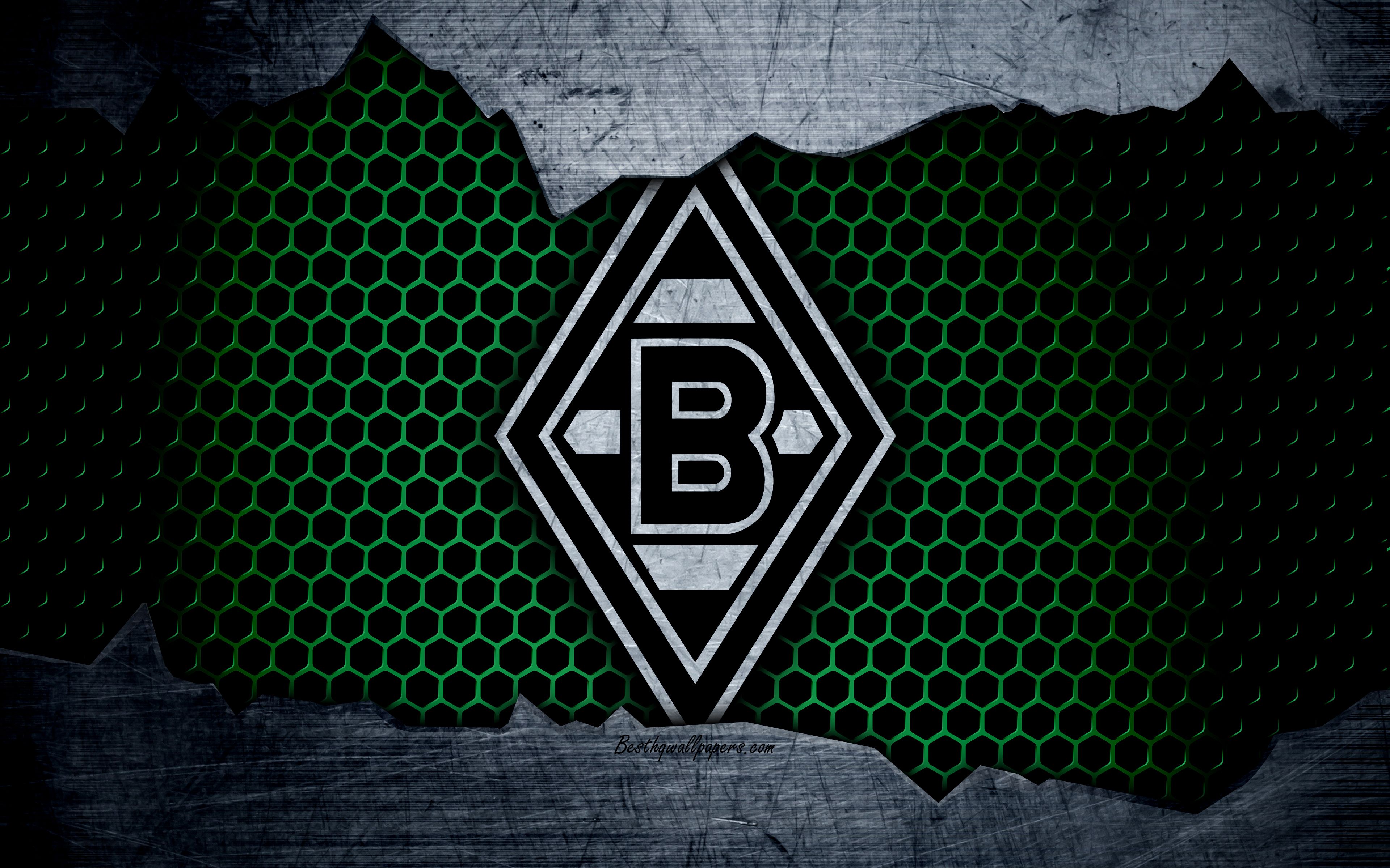 Borussia Mönchengladbach, Wappen, Wabenmuster, Metall, 4K, Hintergrundbild für den PC